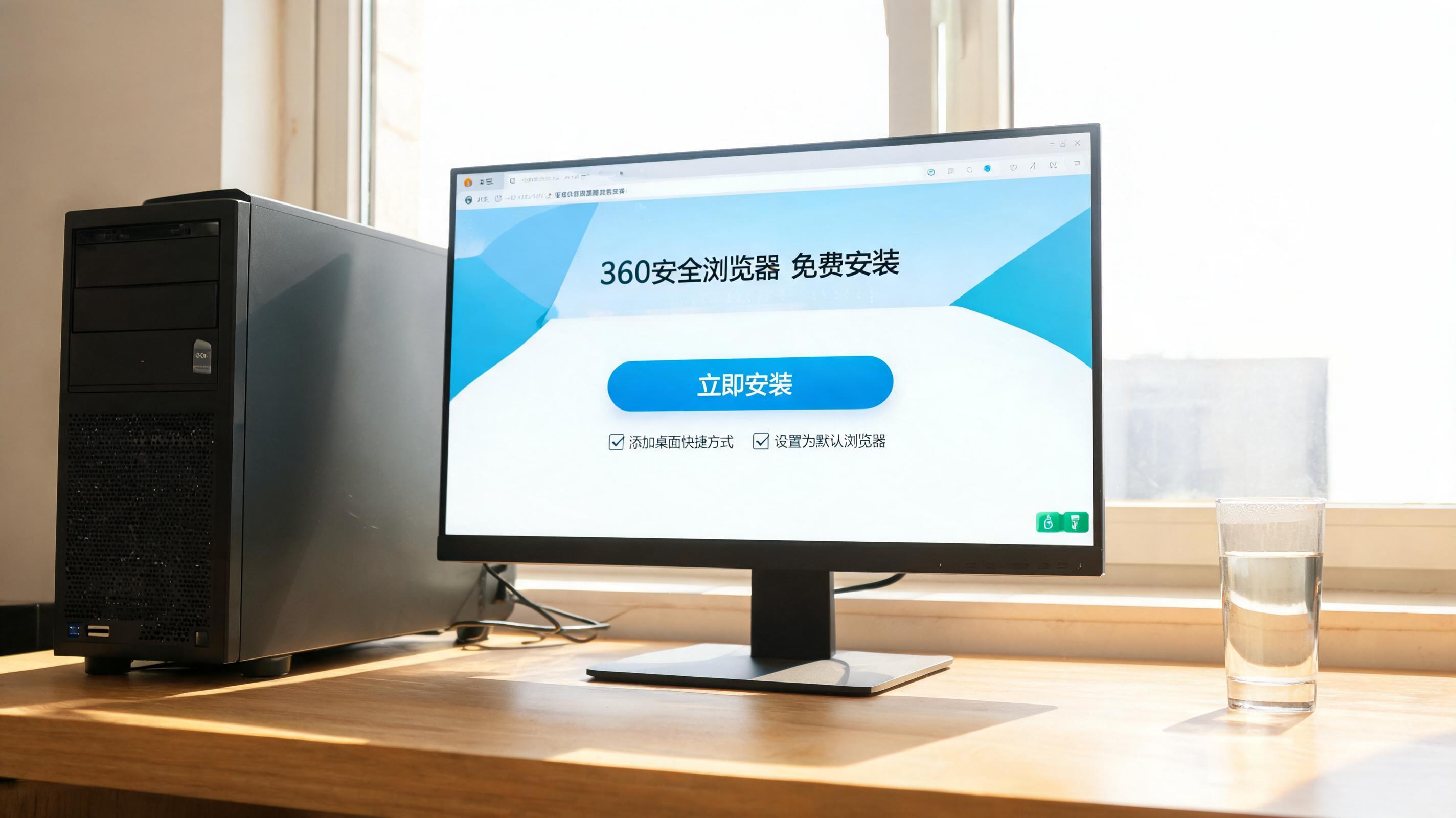 书桌上的主机，屏幕显示360 浏览器免费安装设置界面，桌角放着水杯，自然光
