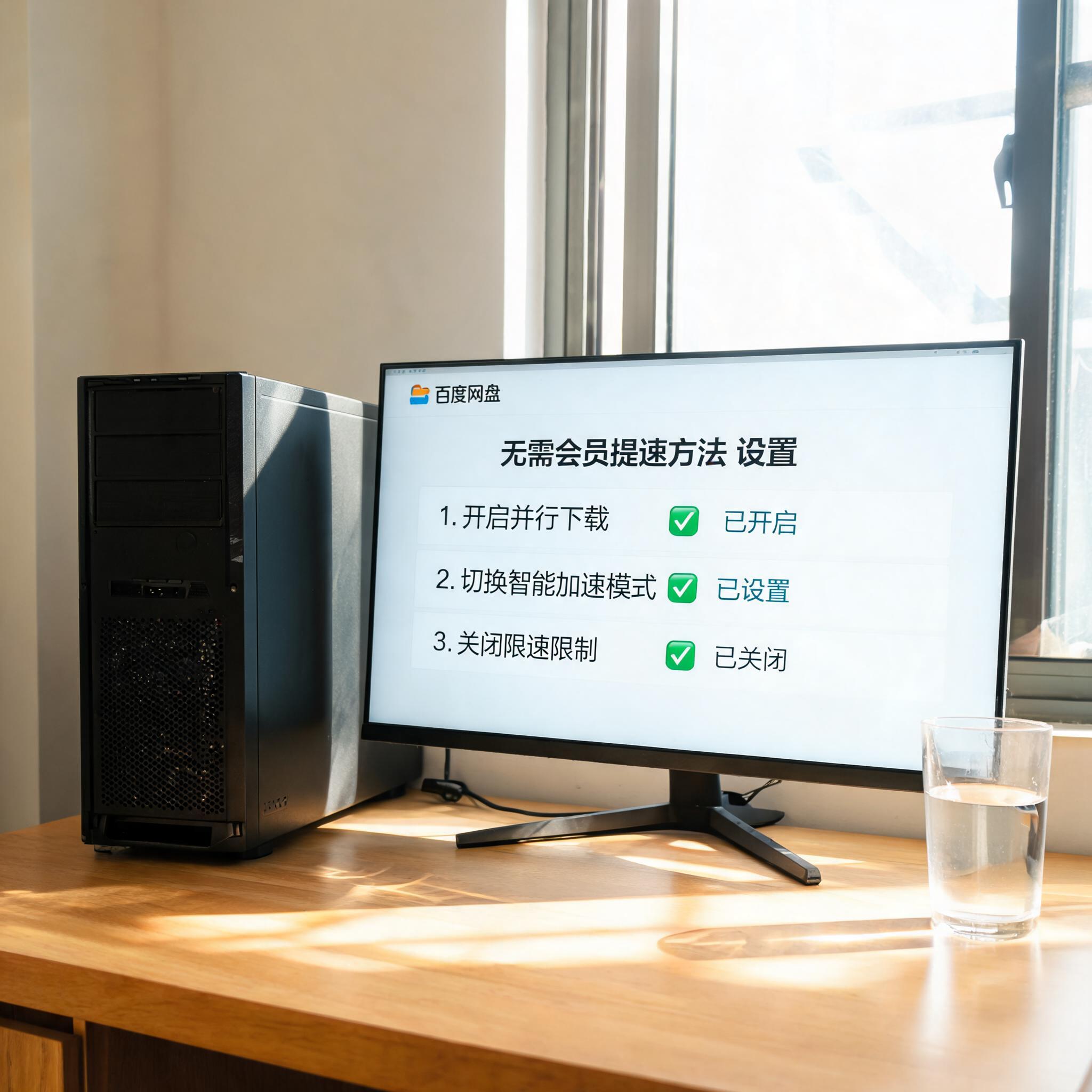 书桌上的主机，屏幕显示百度网盘提速方法无需会员设置界面，桌角放着水杯，自然光