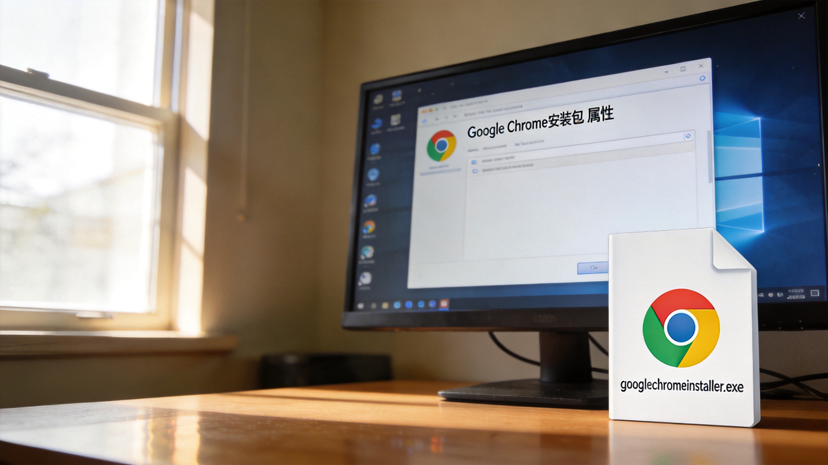 Windows系统的电脑桌面，屏幕显示谷歌浏览器安装包的属性窗口，旁边放着下载好的安装包文件，室内自然光