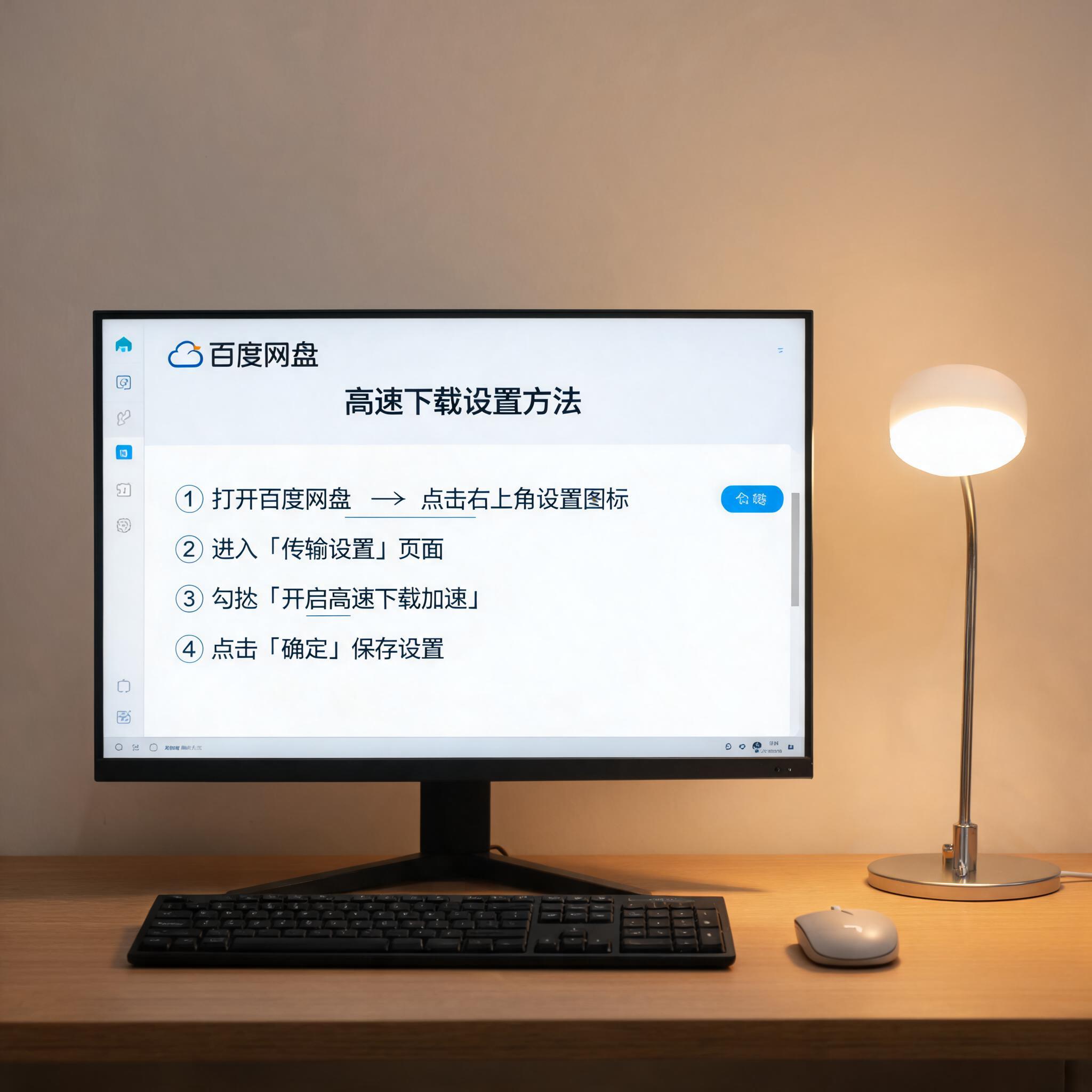 电脑桌上的电脑，屏幕显示百度网盘高速下载设置方法界面，旁边放着台灯
