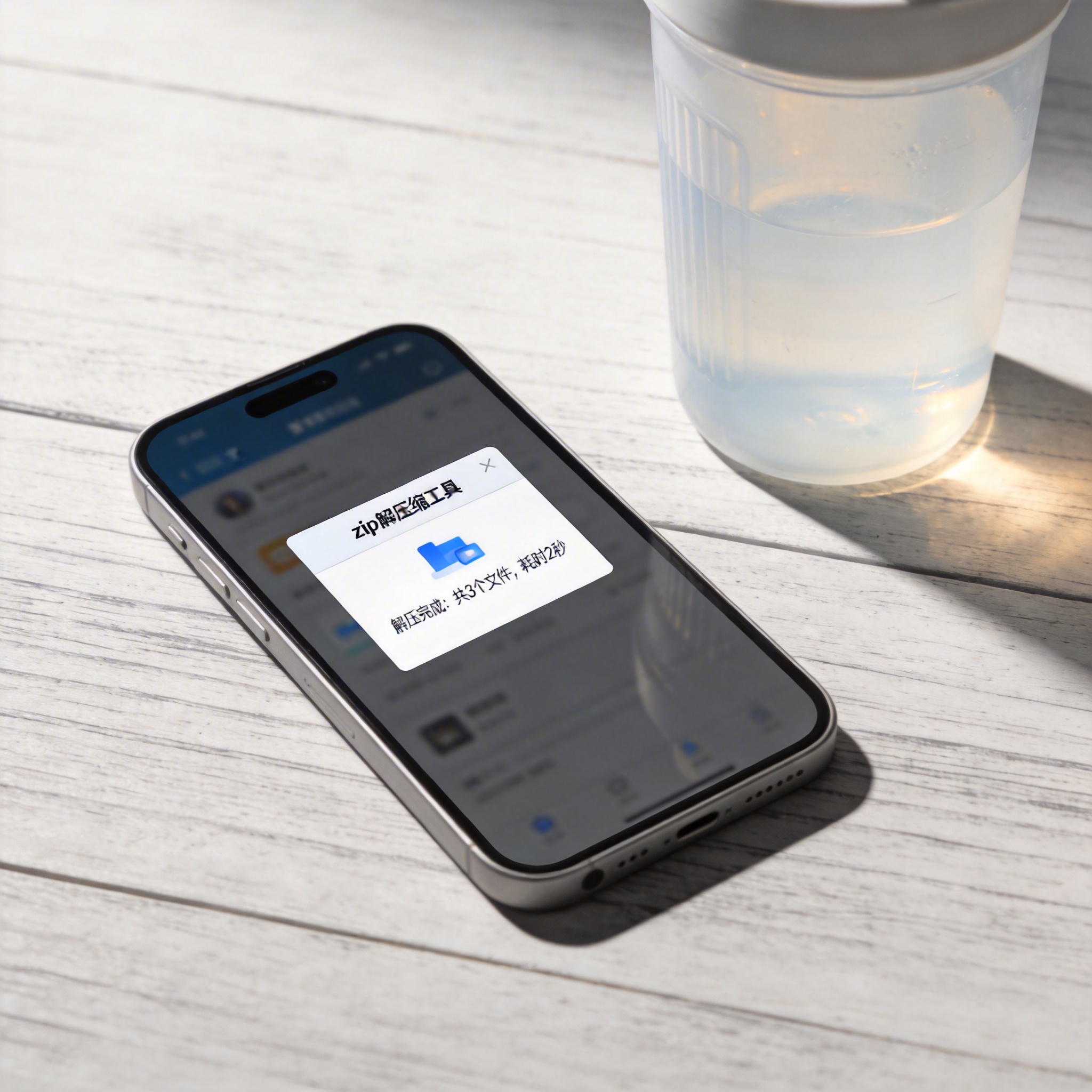 桌面安卓手机，屏幕显示zip解压缩工具的普通文件解压完成窗口，旁边放着半透明塑料水杯，室内自然光