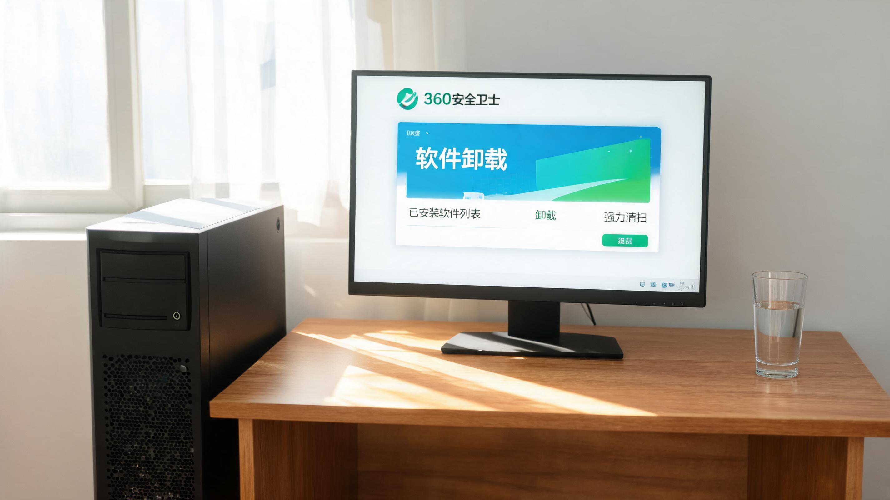 书桌上的主机，屏幕显示360 卫士软件卸载功能设置界面，桌角放着水杯，自然光