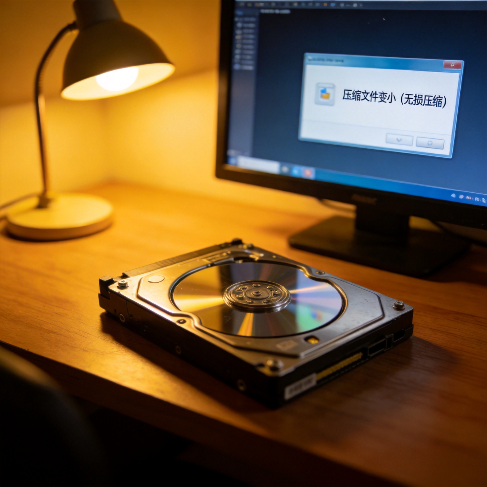 电脑桌上的硬盘，屏幕显示压缩文件变小无损压缩界面，旁边放着台灯
