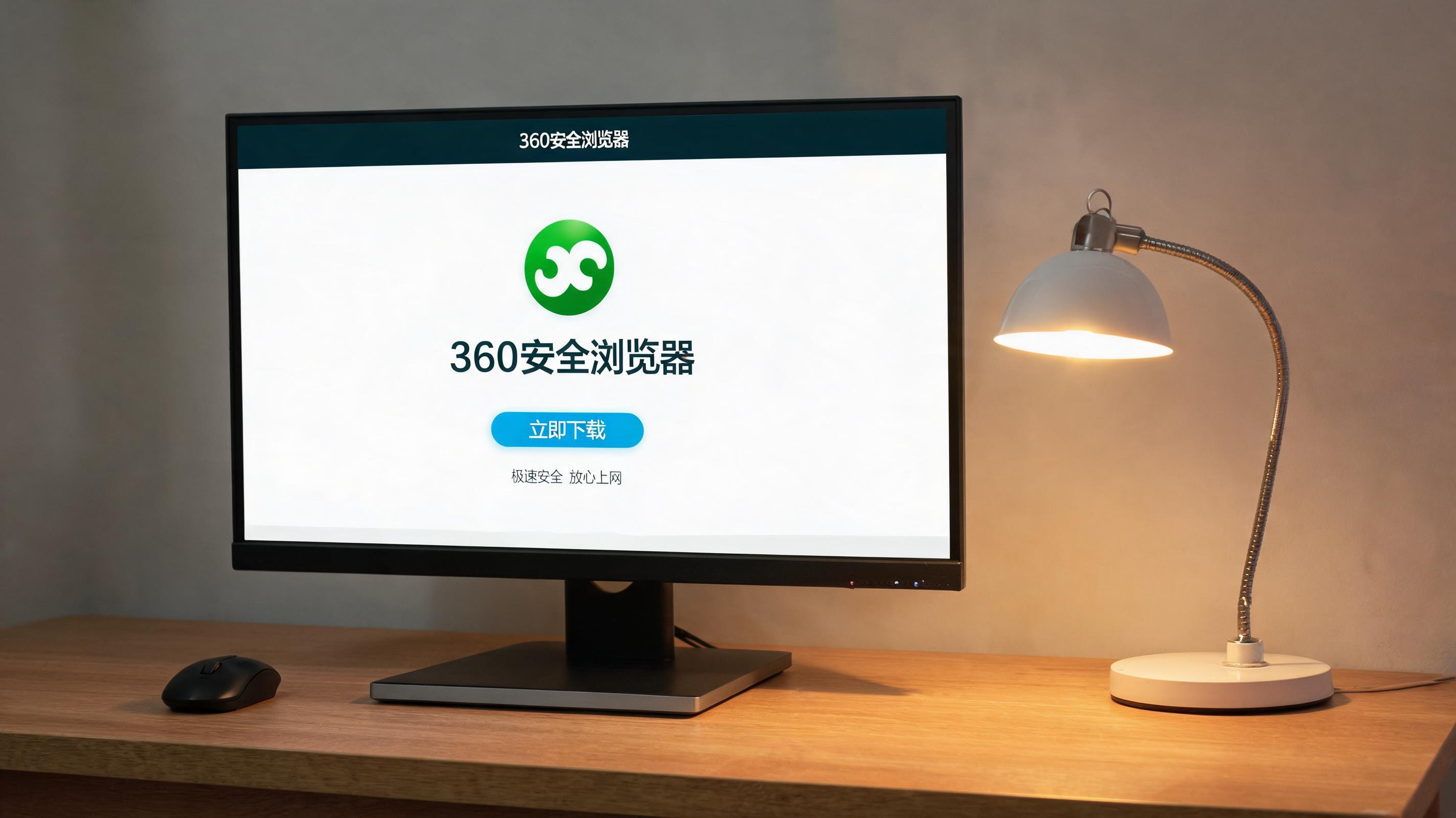 电脑桌上的电脑，屏幕显示360安全浏览器下载桌面，旁边放着台灯
