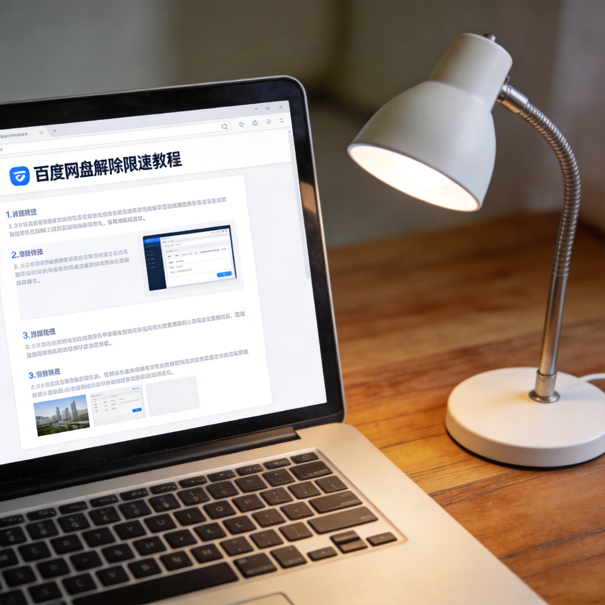 电脑桌上的电脑，屏幕显示百度网盘解除限速教程界面，旁边放着台灯