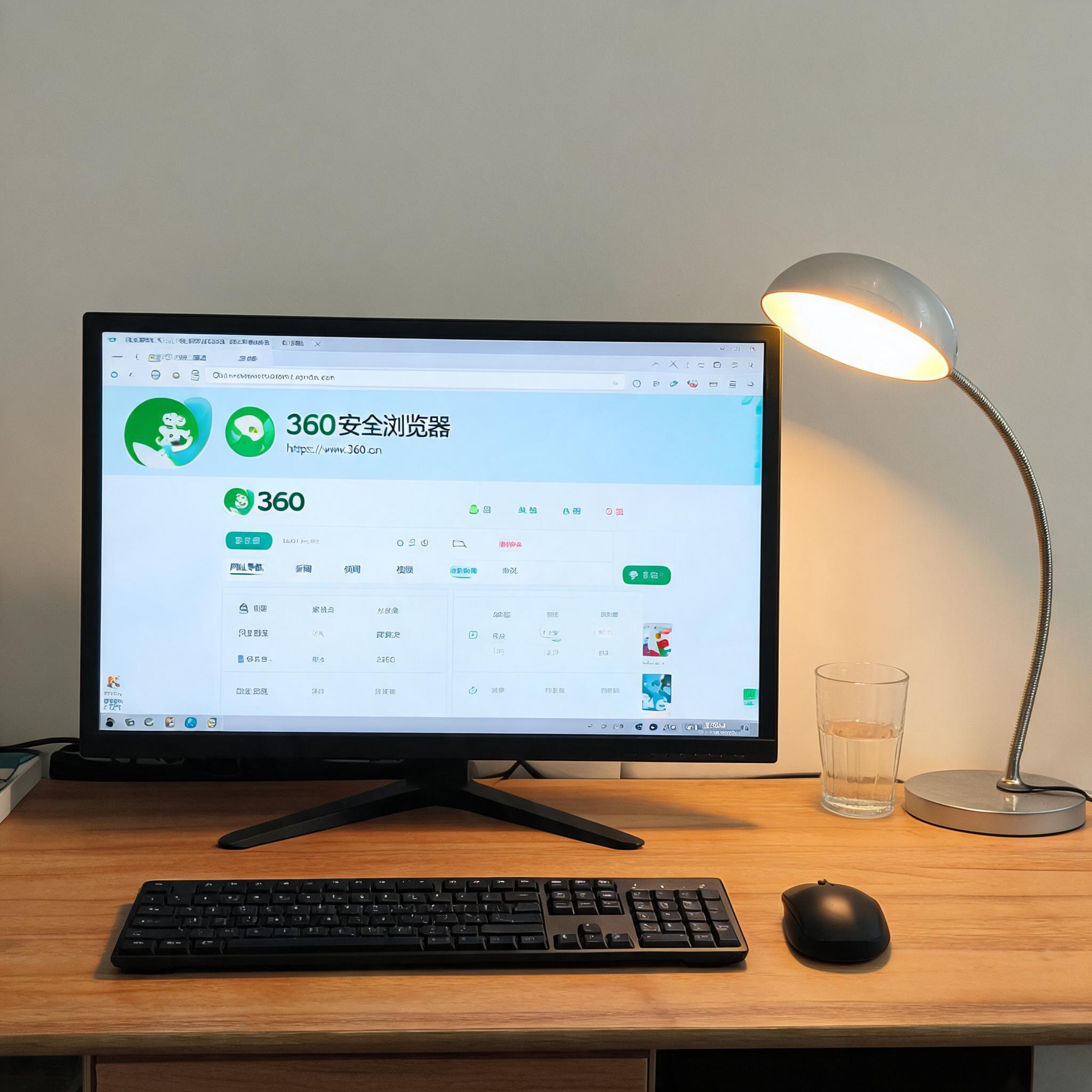 电脑桌上的电脑，屏幕显示桌面端 360 安全浏览器桌面，旁边放着台灯