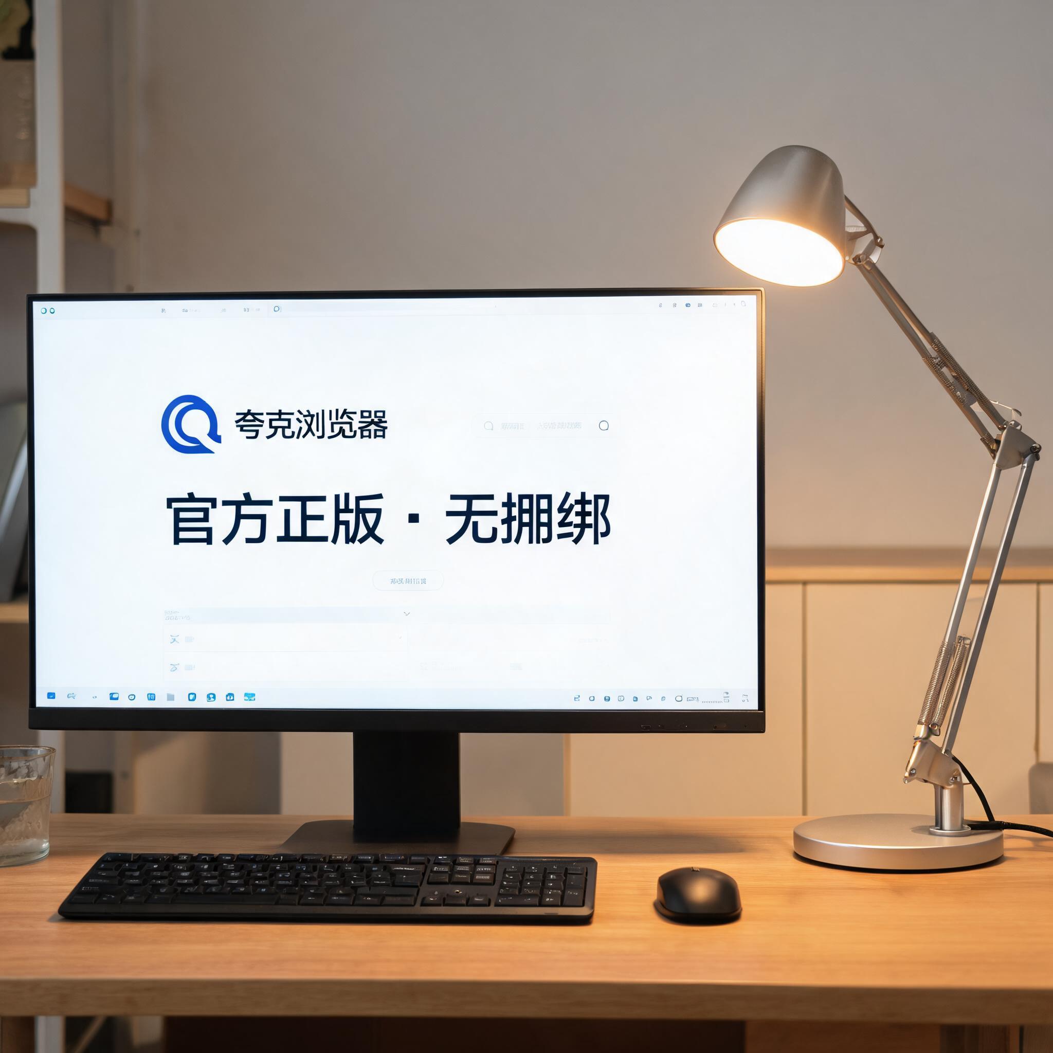 电脑桌上的电脑，屏幕显示夸克浏览器官方正版无捆绑桌面，旁边放着台灯