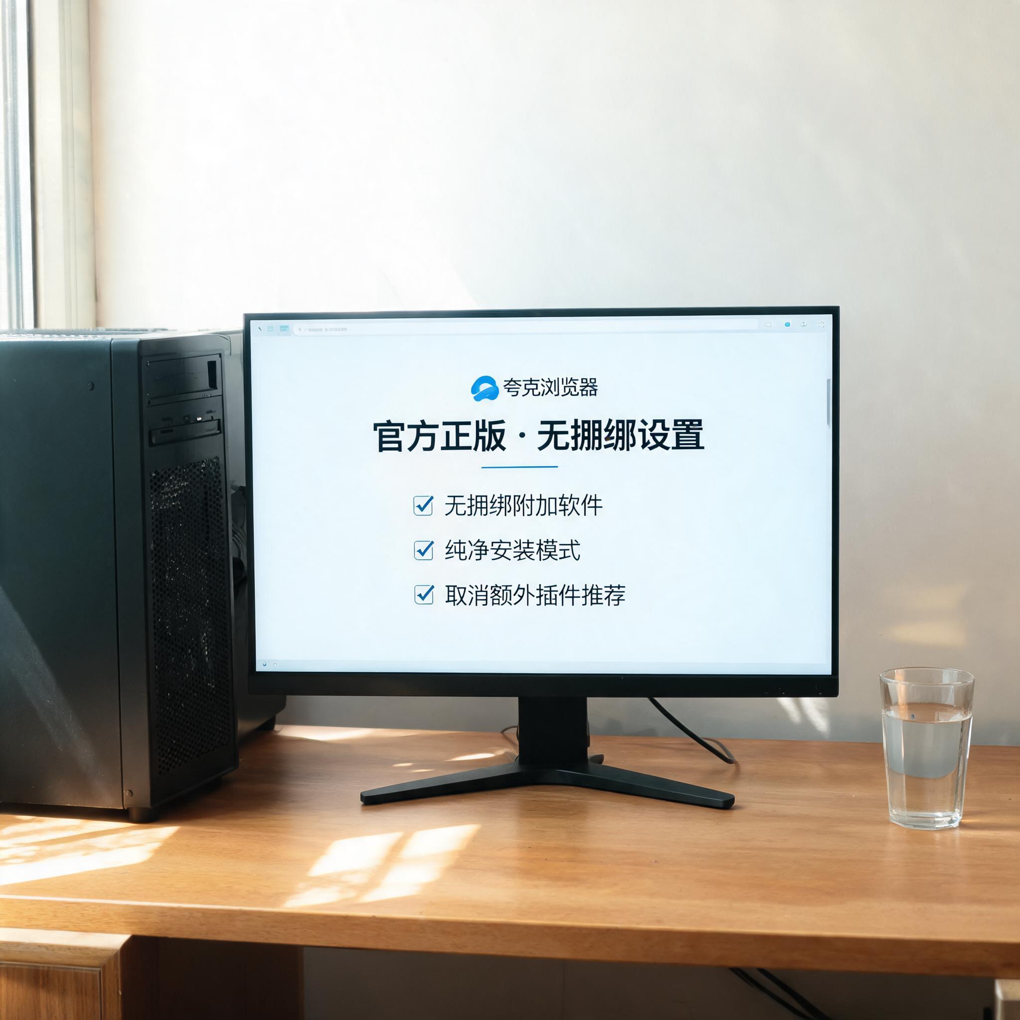 书桌上的主机，屏幕显示夸克浏览器官方正版无捆绑设置界面，桌角放着水杯，自然光