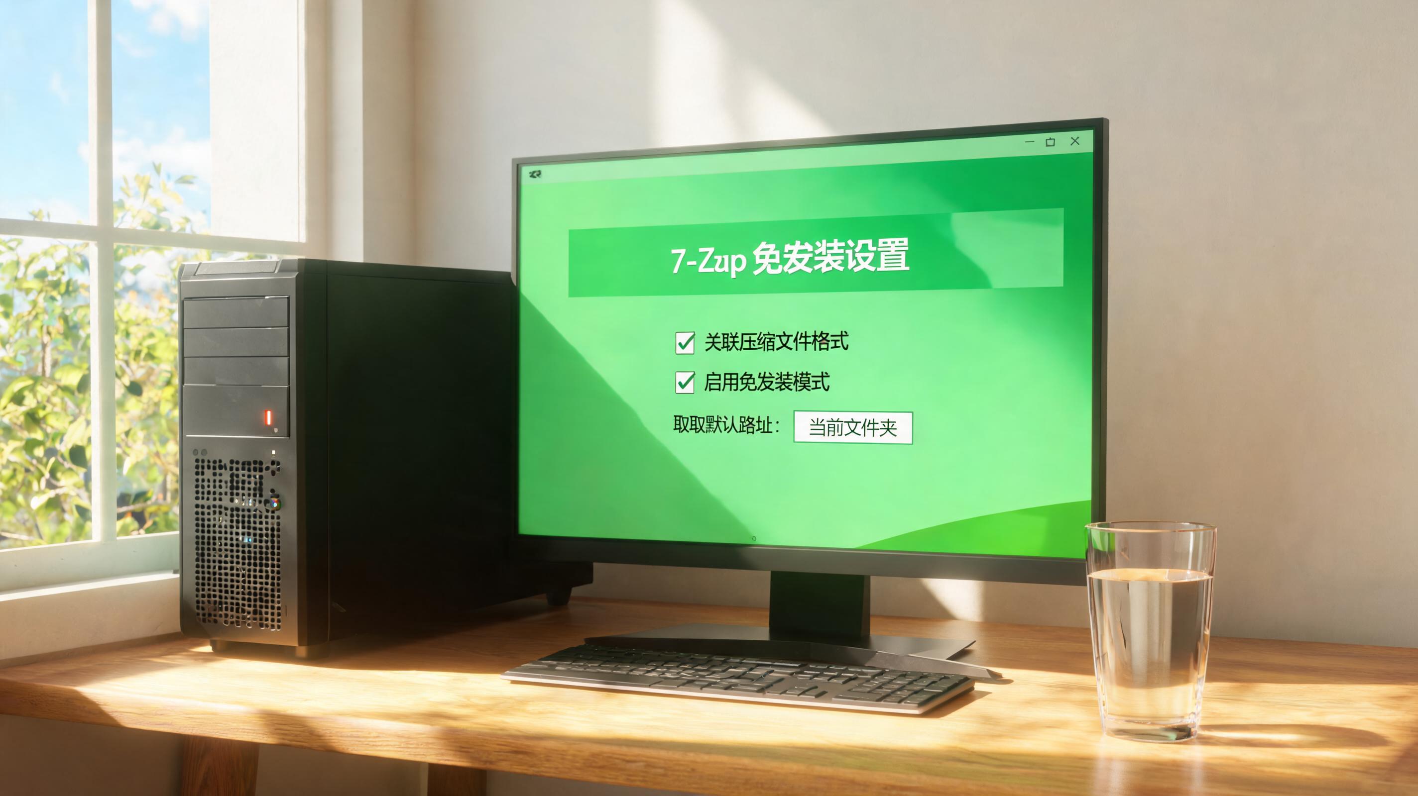 书桌上的主机，屏幕显示绿色版解压缩工具免安装设置界面，桌角放着水杯，自然光