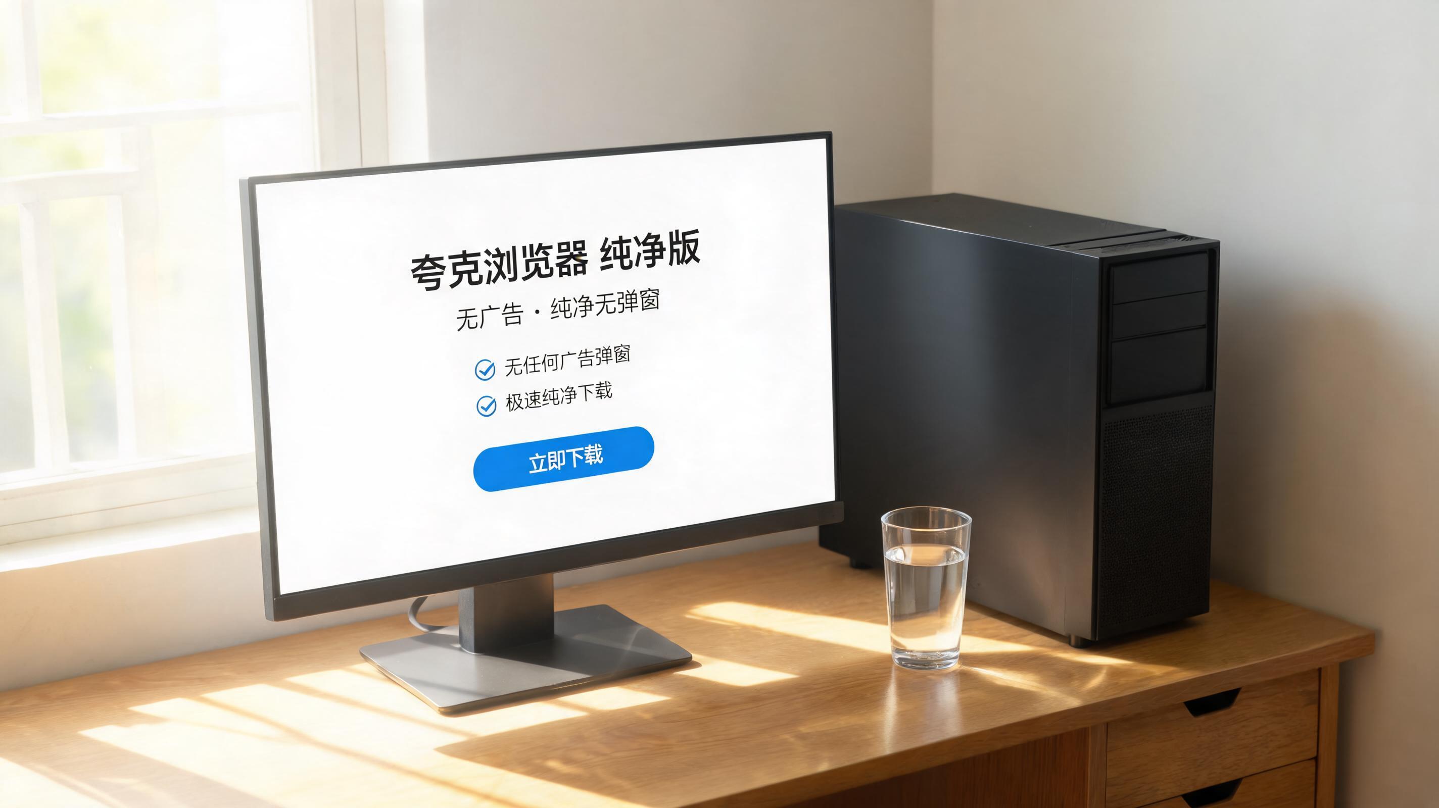 书桌上的主机，屏幕显示夸克浏览器纯净版无广告下载设置界面，桌角放着水杯，自然光