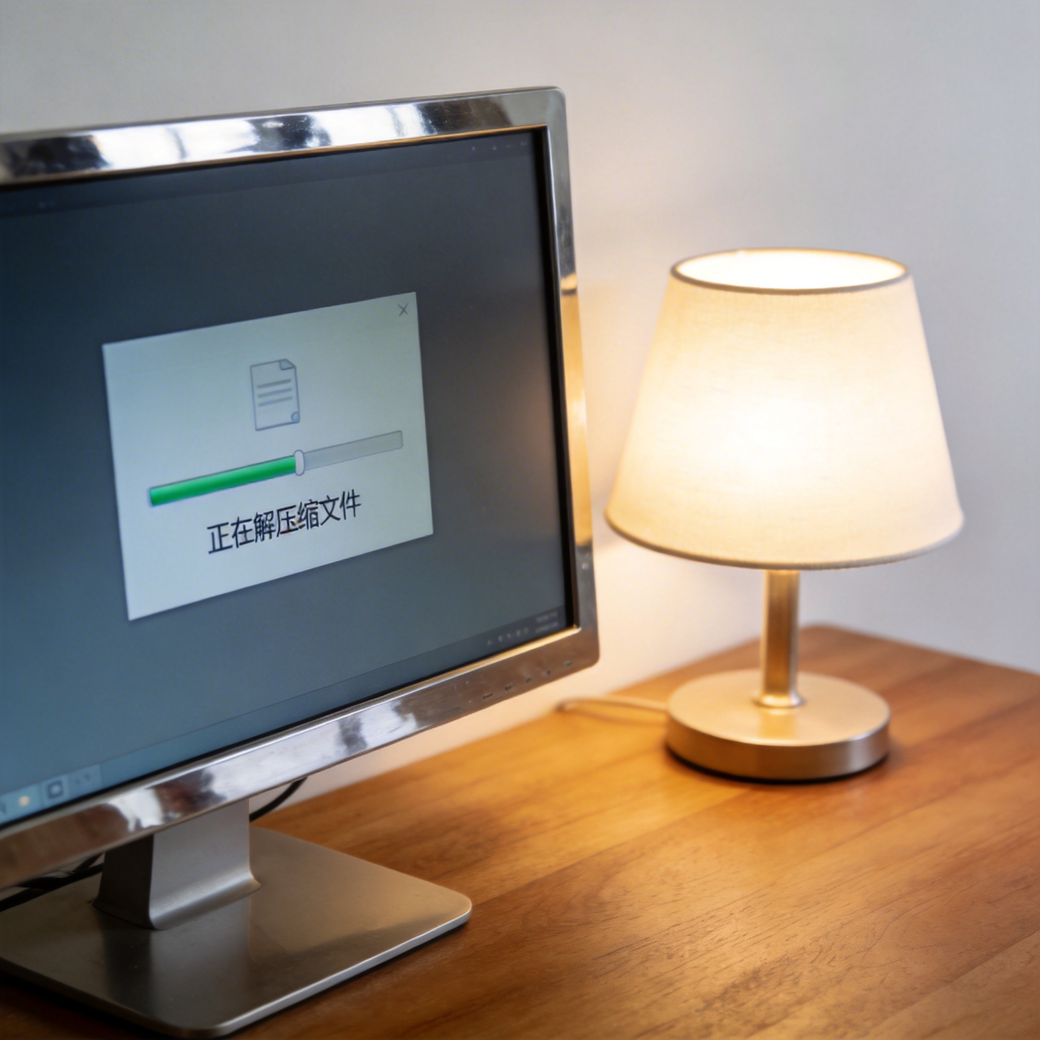电脑桌上的电脑，屏幕显示解压缩界面，旁边放着台灯