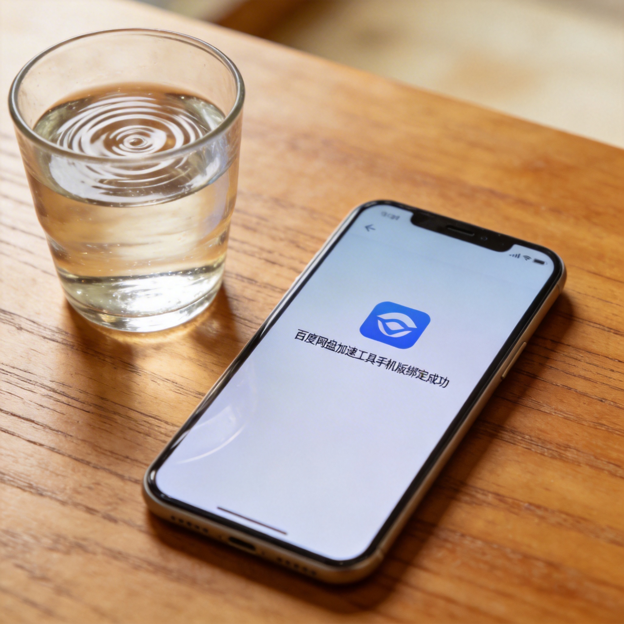 书桌的手机，屏幕显示百度网盘加速工具手机版的绑定成功界面，旁边放着半杯温水，室内自然光