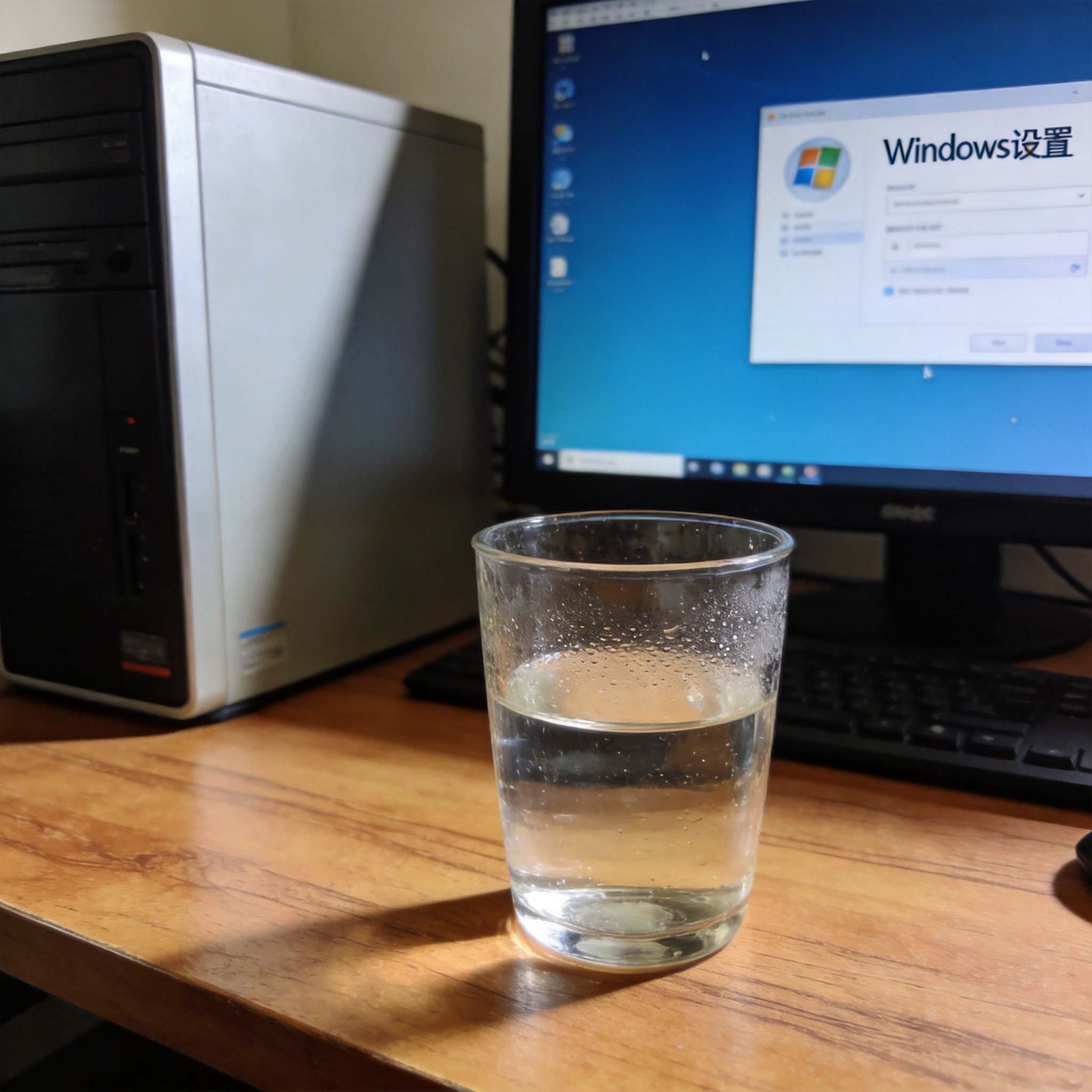书桌上的主机，屏幕显示Windows设置界面，桌角放着水杯，自然光