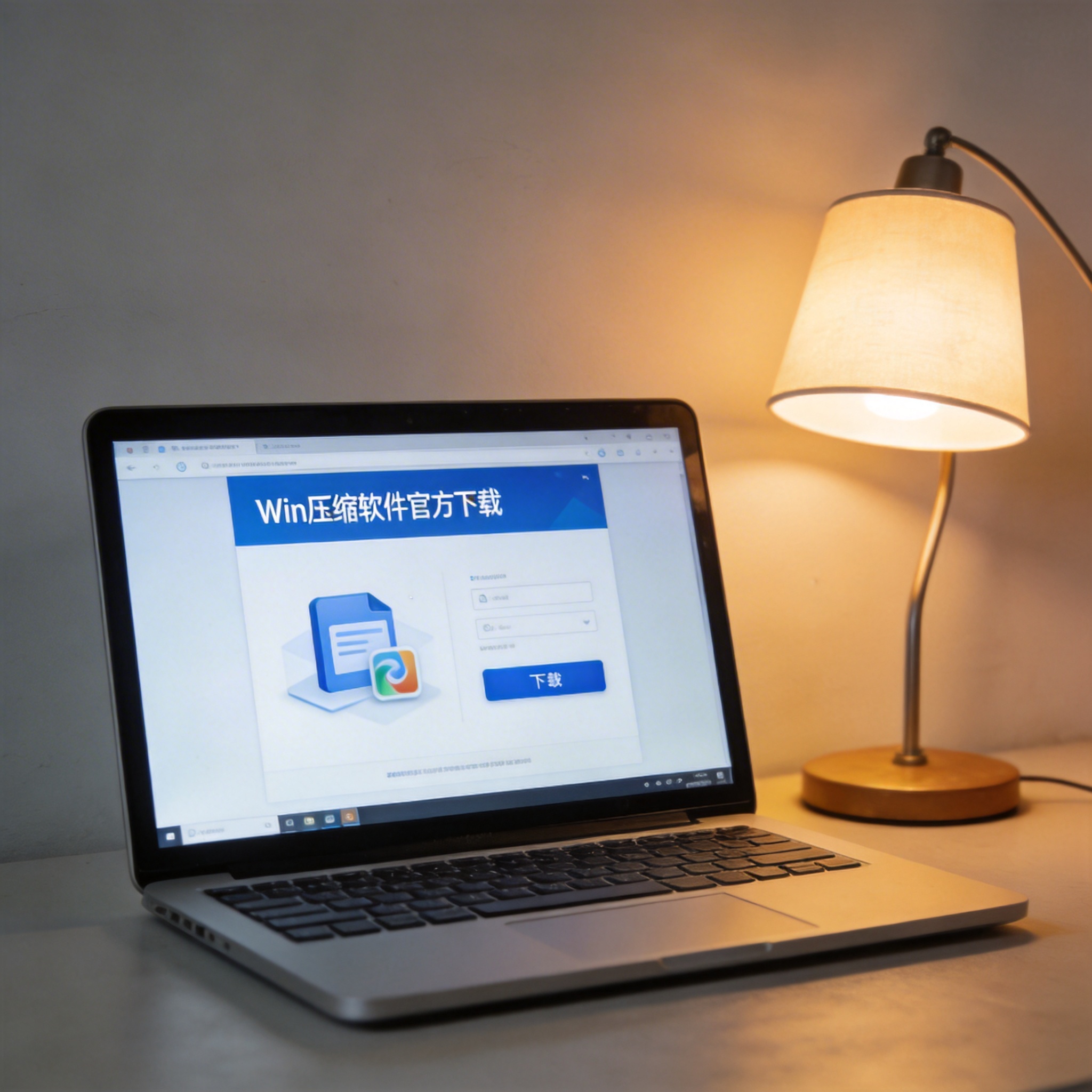 电脑桌上的电脑，屏幕显示win 压缩软件官方下载界面，旁边放着台灯