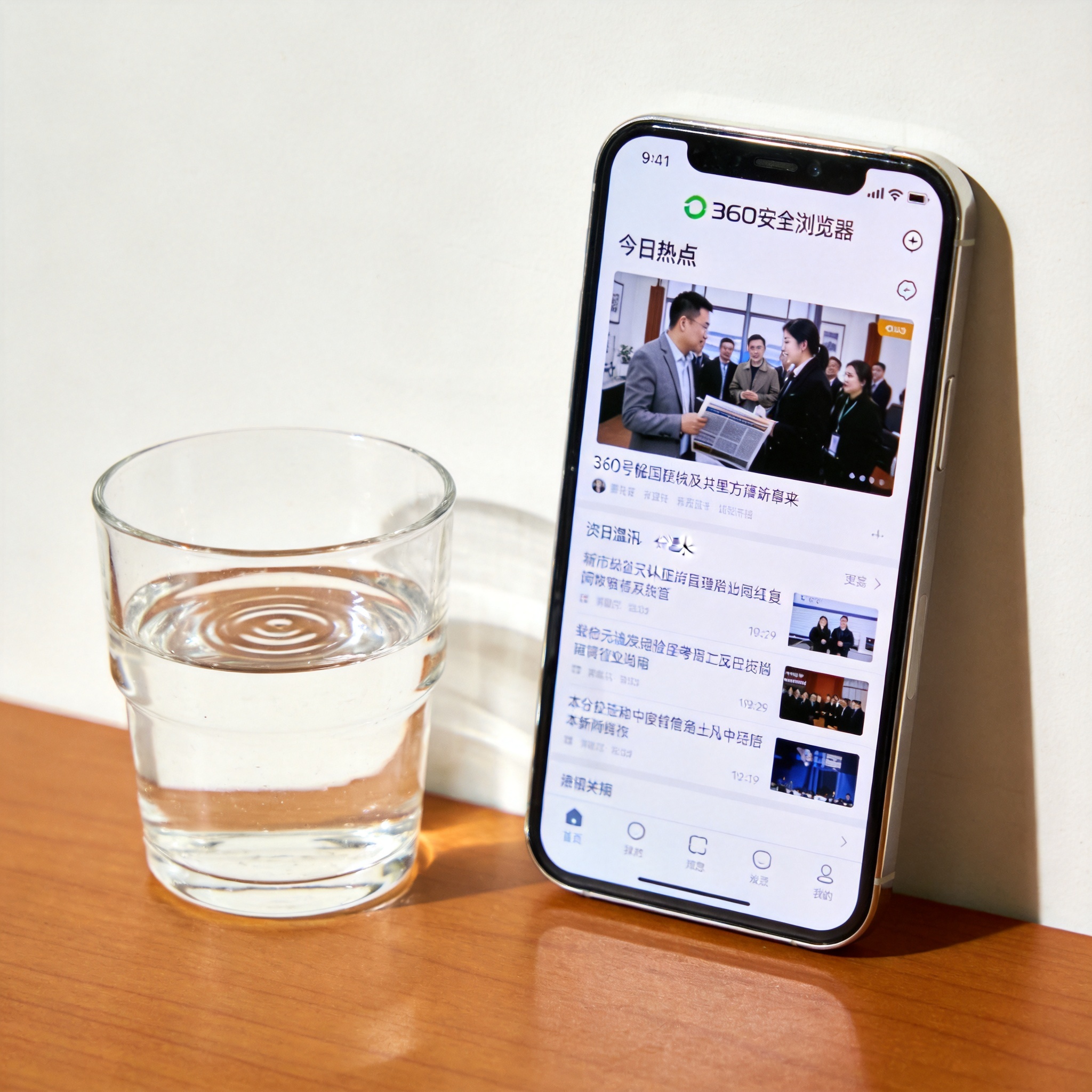 桌面上的手机，屏幕显示手机版360安全浏览器的资讯浏览界面，旁边放着半杯温水，室内自然光