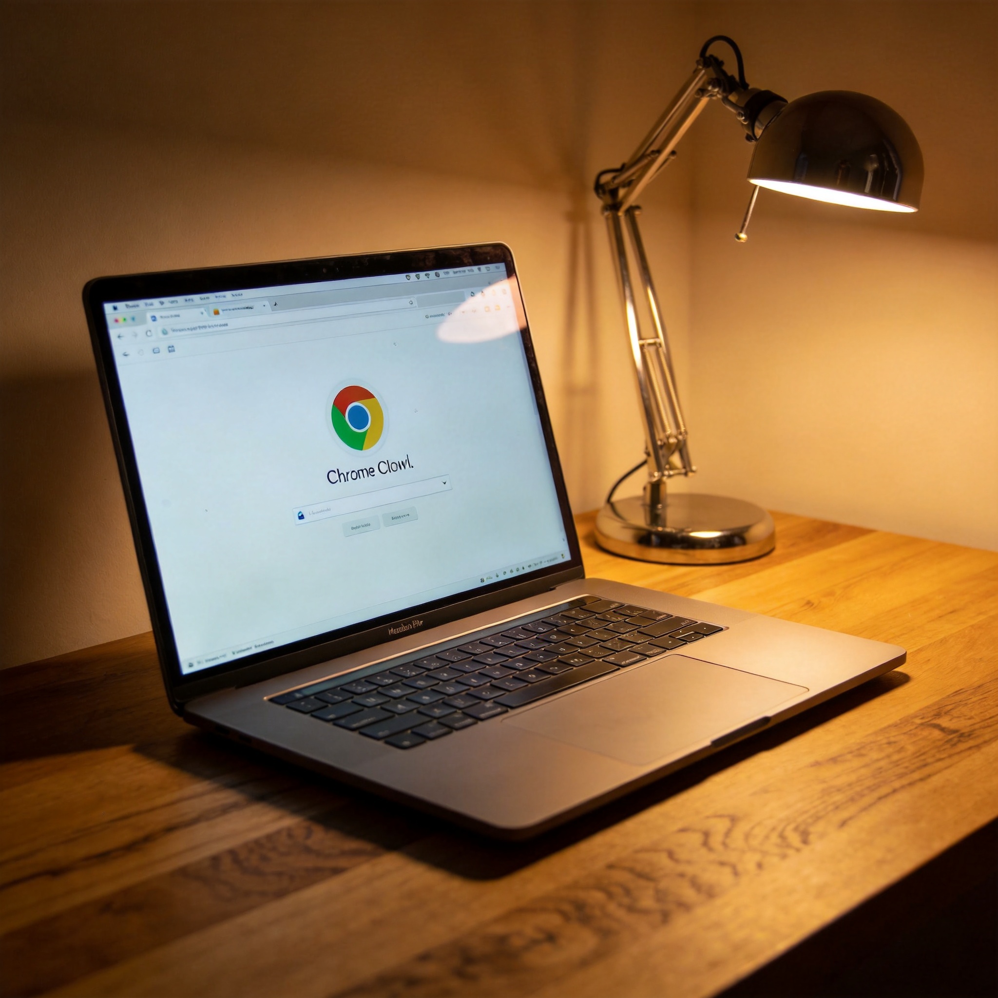 电脑桌上的电脑，屏幕显示Chrome界面，旁边放着台灯