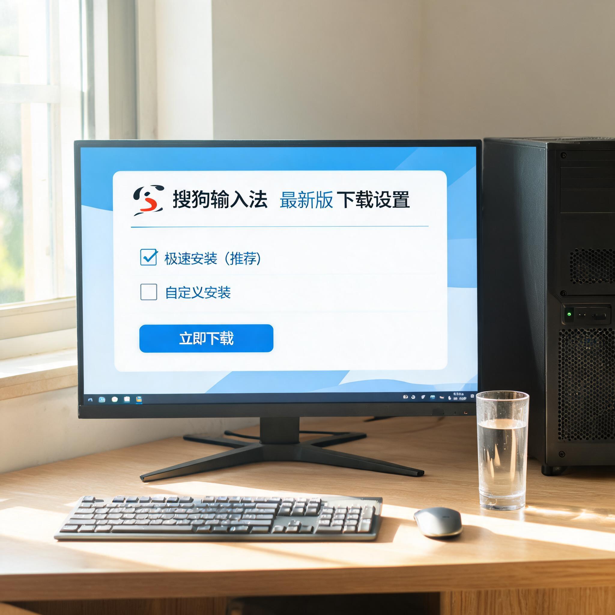 书桌上的主机，屏幕显示搜狗输入法最新版下载设置界面，桌角放着水杯，自然光