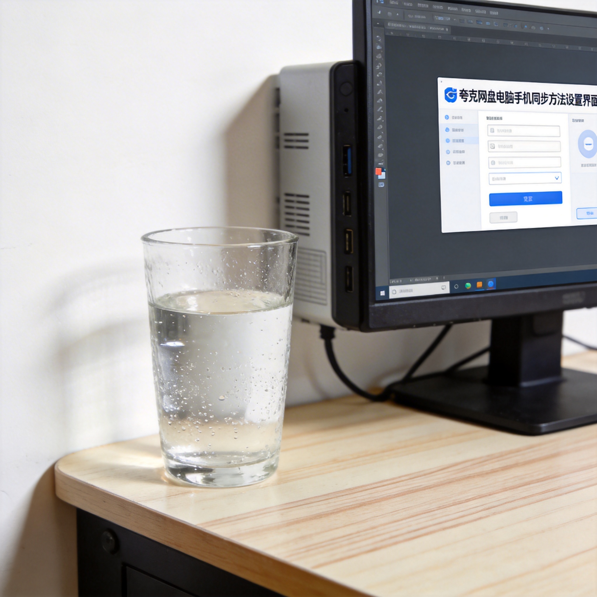 书桌上的主机，屏幕显示夸克网盘电脑手机同步方法设置界面，桌角放着水杯，自然光