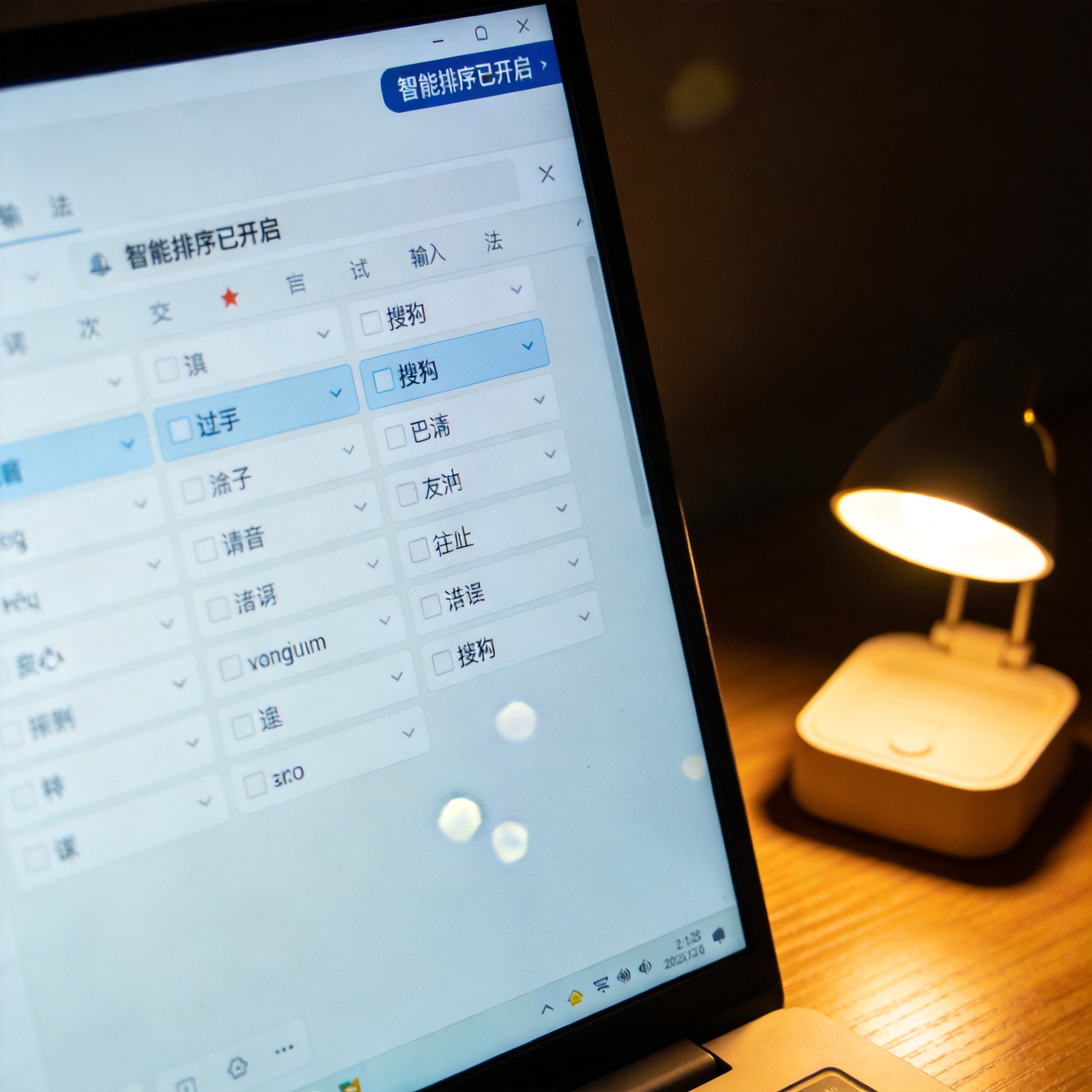 电脑屏幕显示搜狗拼音输入法候选词界面，智能排序已开启，桌面角落有一盏打开的小台灯，屏幕光映在桌面上
