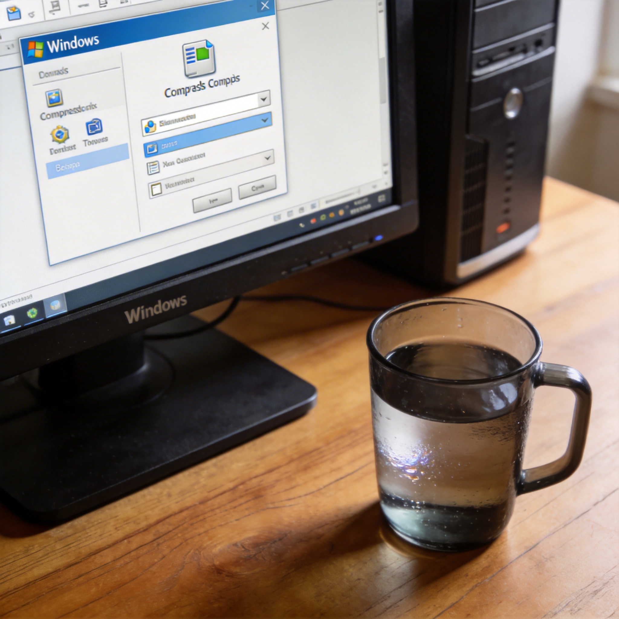 书桌上的主机，屏幕显示电脑 win 压缩解压缩软件设置界面，桌角放着水杯，自然光