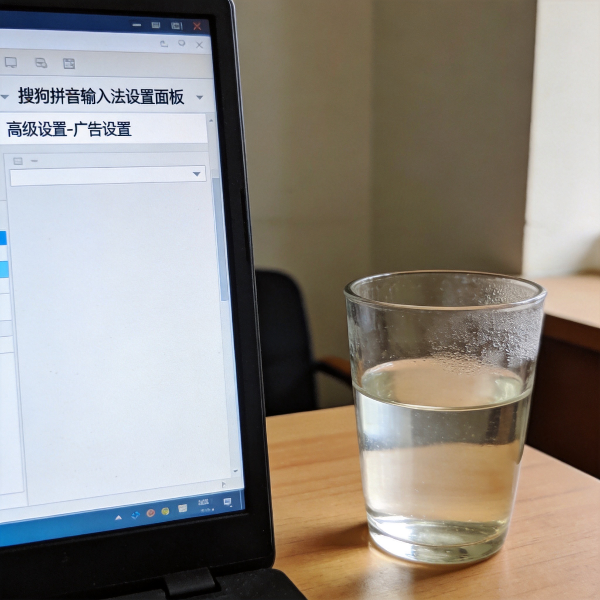 电脑桌的电脑屏幕显示搜狗拼音输入法设置面板，停在高级设置的广告设置页面，桌面放着半杯温水，室内自然光
