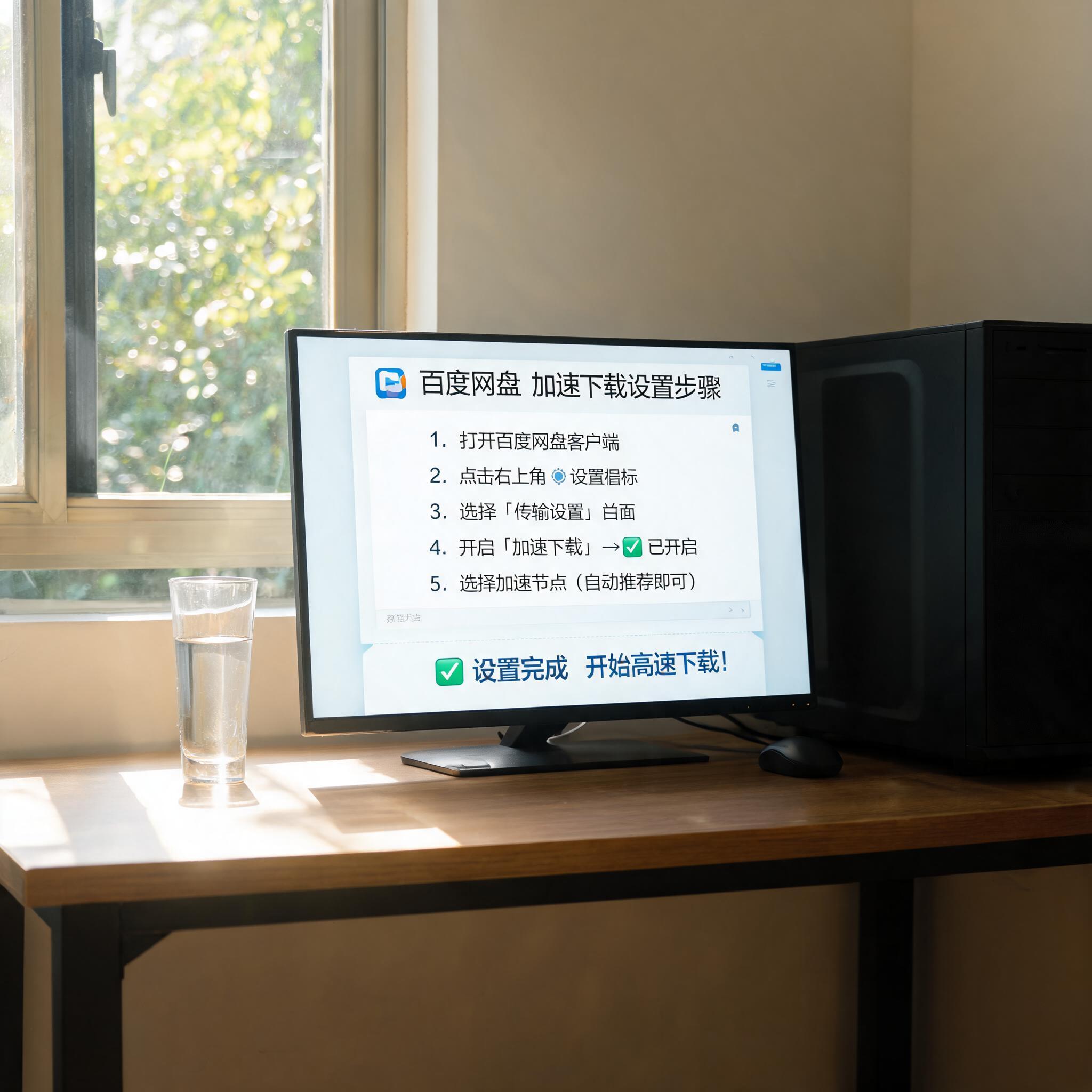 书桌上的主机，屏幕显示百度网盘加速下载详细步骤设置界面，桌角放着水杯，自然光