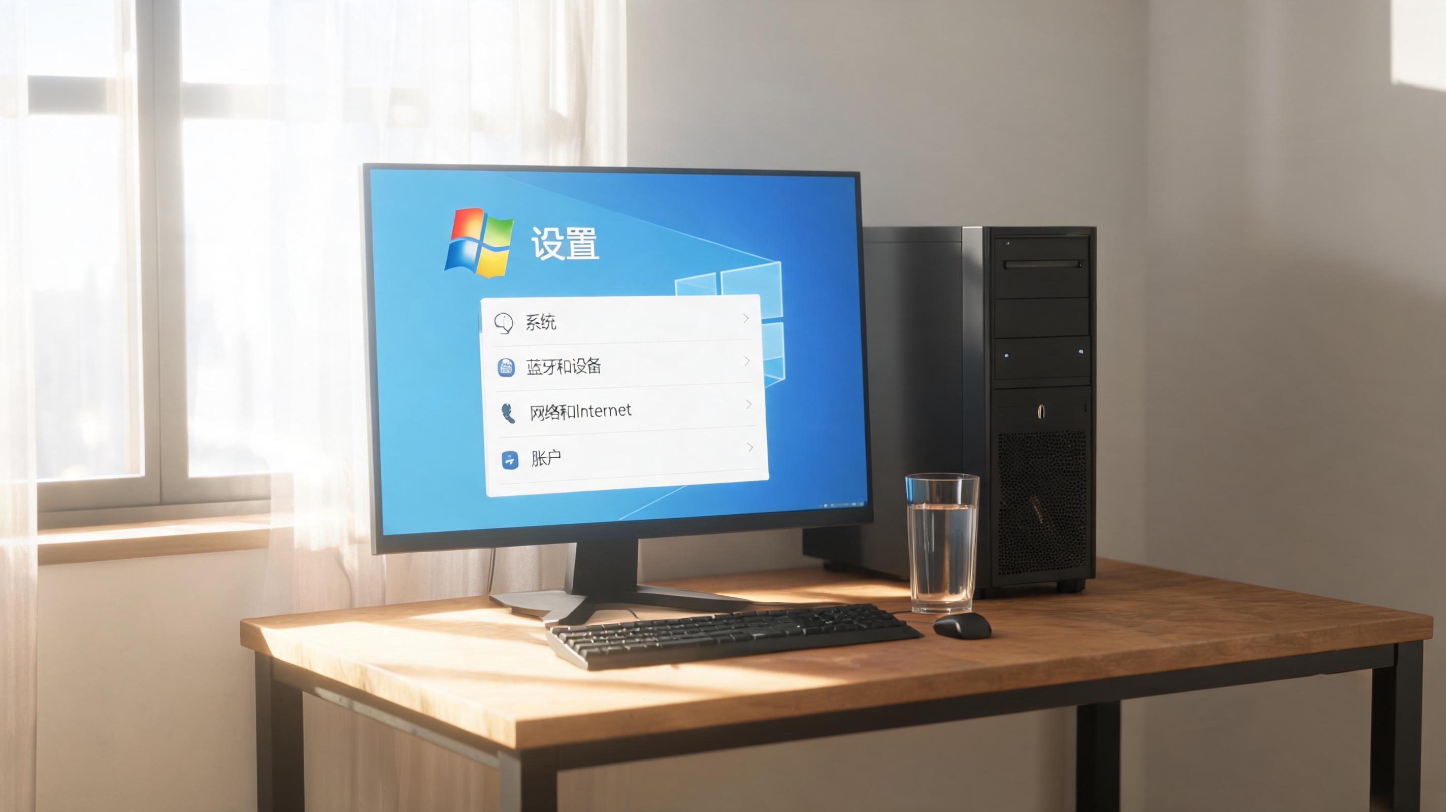 书桌上的主机，屏幕显示Windows设置界面，桌角放着水杯，自然光