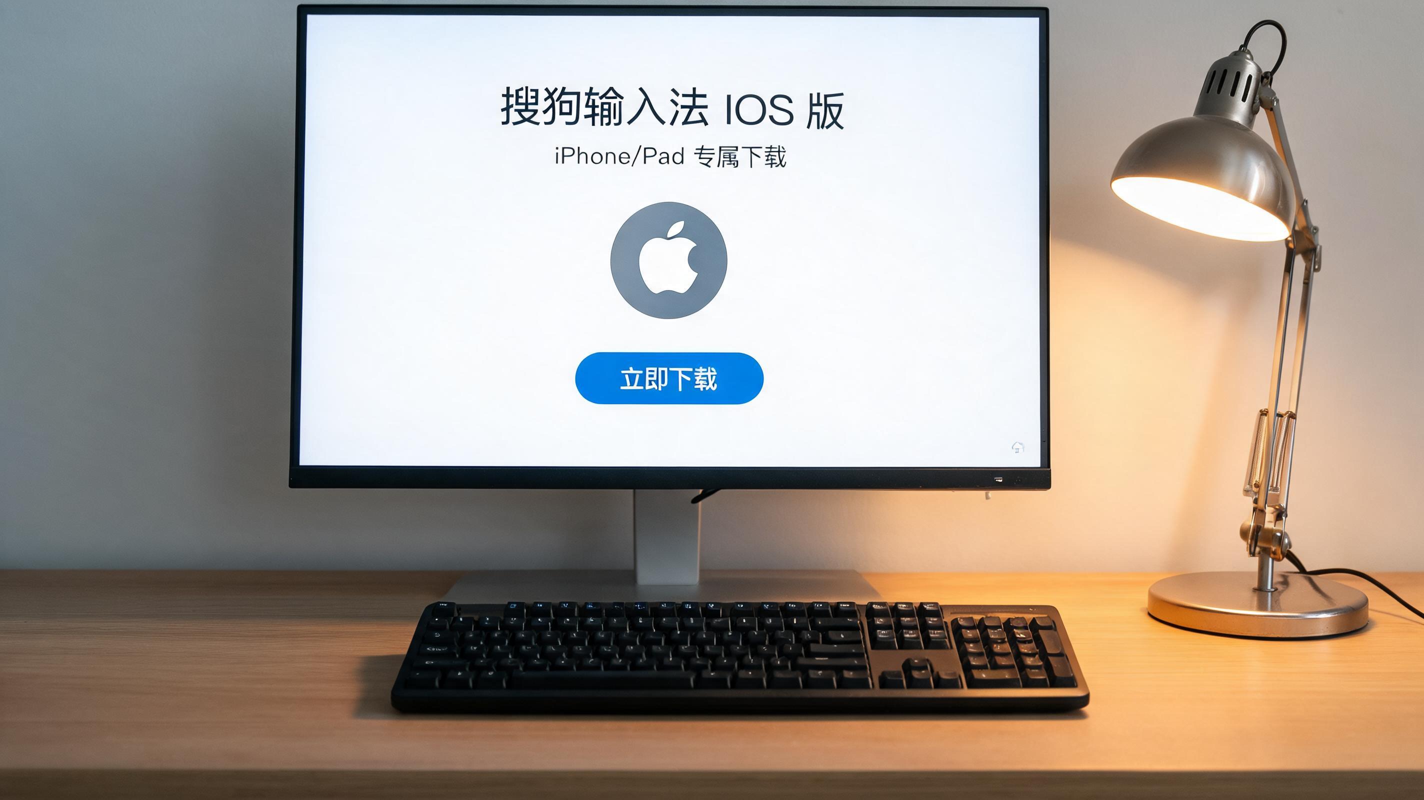 电脑桌上的键盘，屏幕显示搜狗输入法 iOS 版下载界面，旁边放着台灯