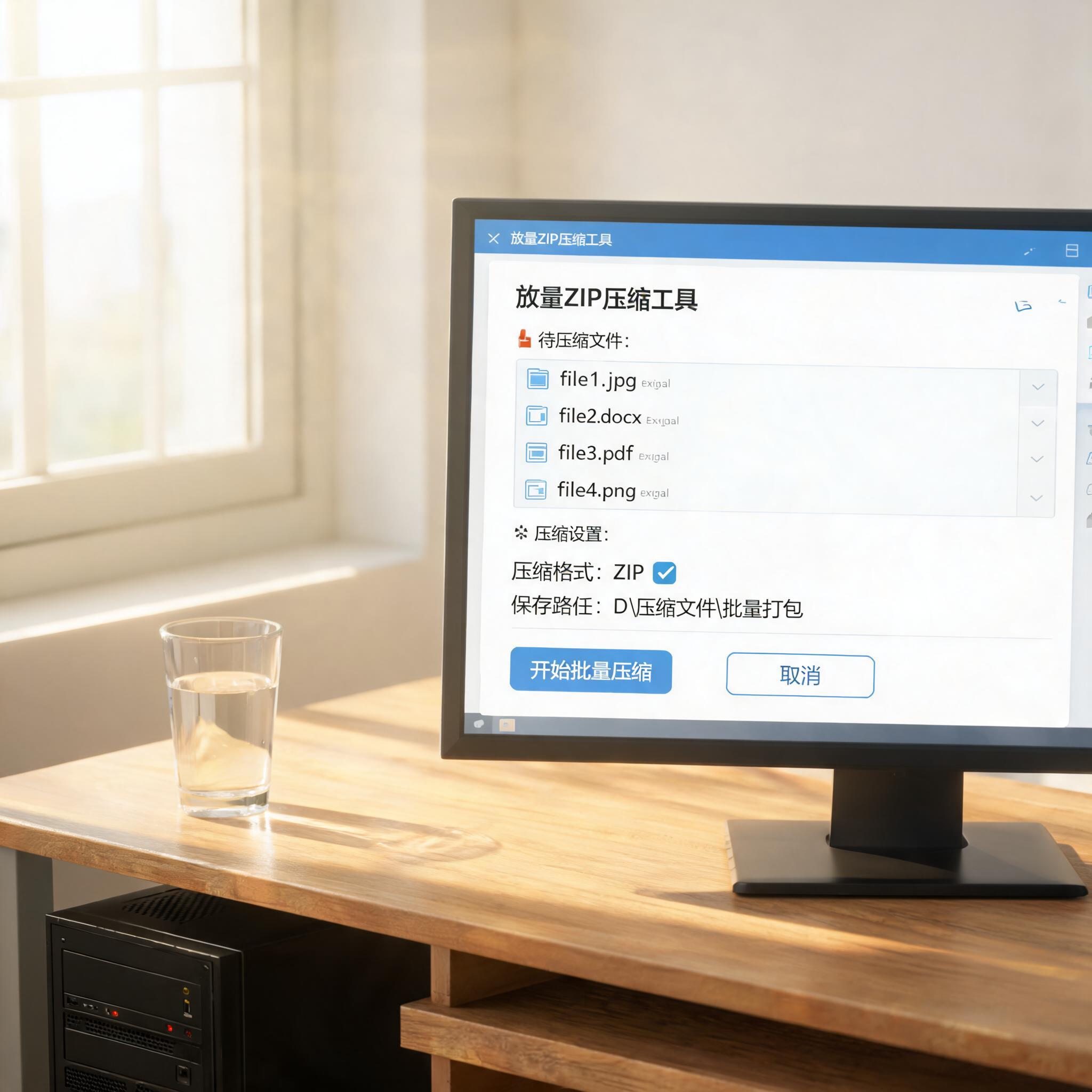 书桌上的主机，屏幕显示批量 zip 文件压缩工具设置界面，桌角放着水杯，自然光