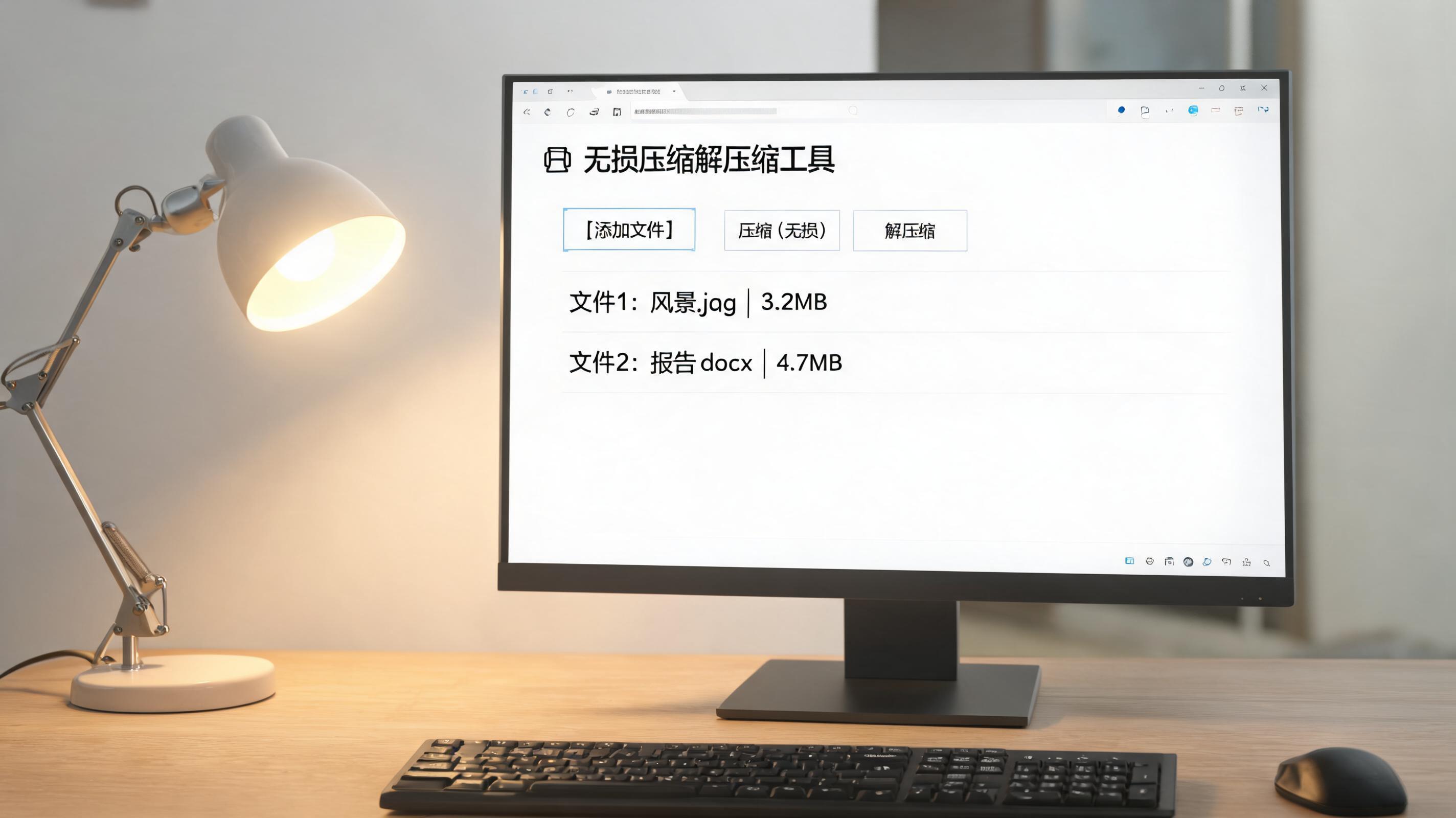 电脑桌上的电脑，屏幕显示无损文件压缩解压缩界面，旁边放着台灯