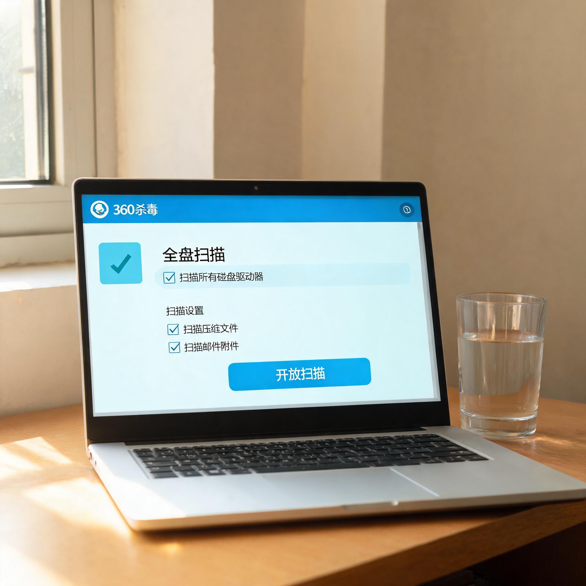 书桌上的电脑，屏幕显示360 杀毒全盘扫描设置界面，桌角放着水杯，自然光