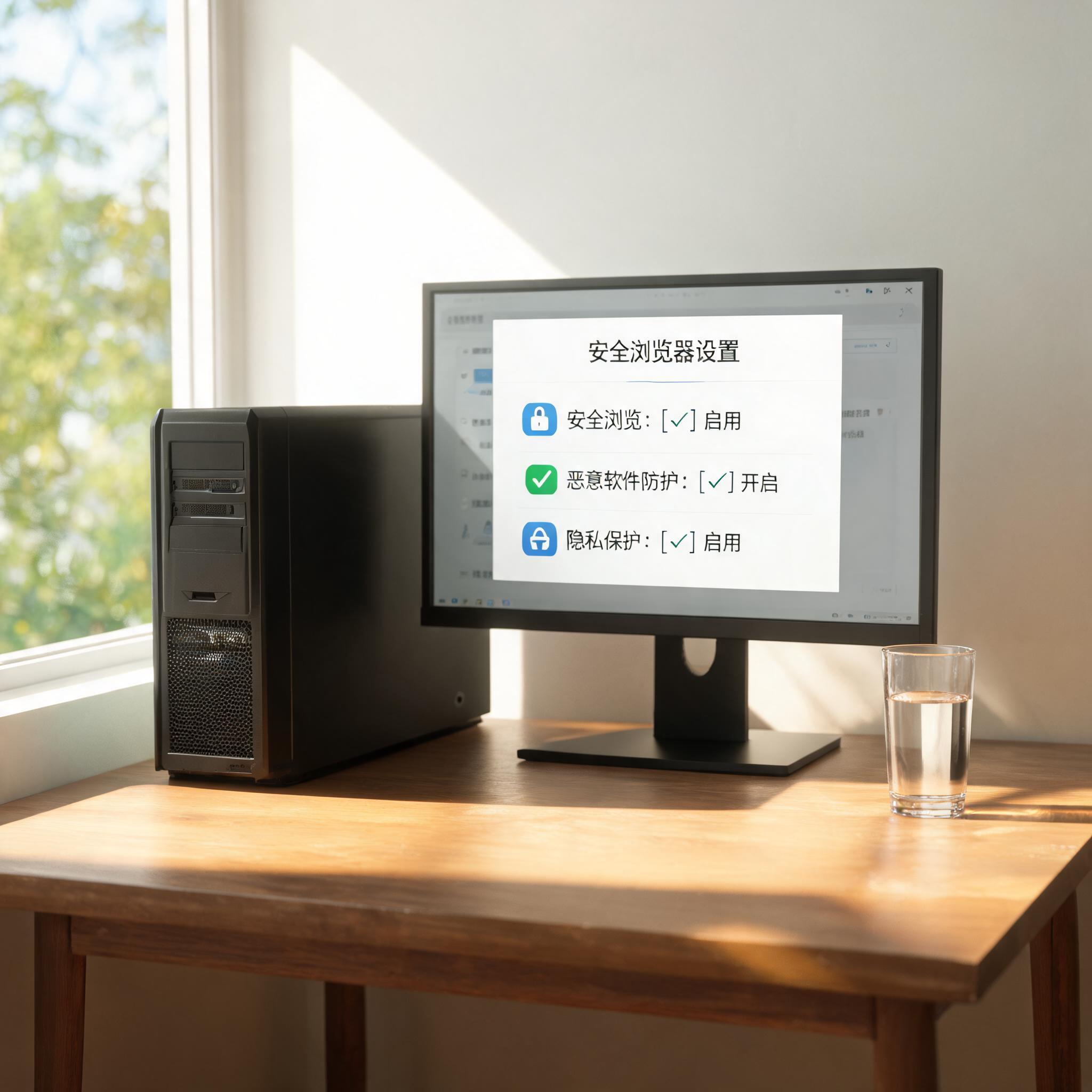 书桌上的主机，屏幕显示安全浏览器设置界面，桌角放着水杯，自然光