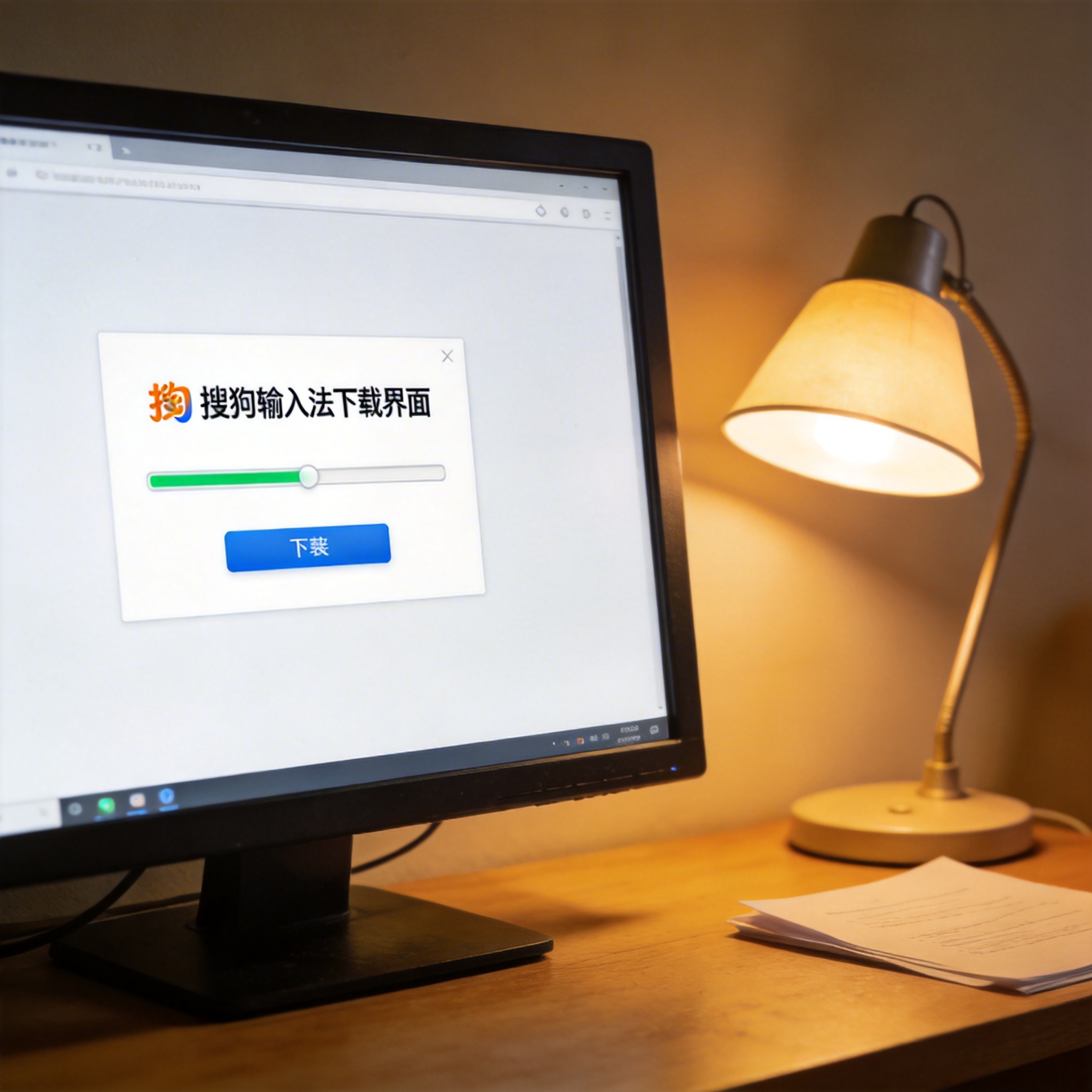 电脑桌上的电脑，屏幕显示搜狗输入法下载界面，旁边放着台灯
