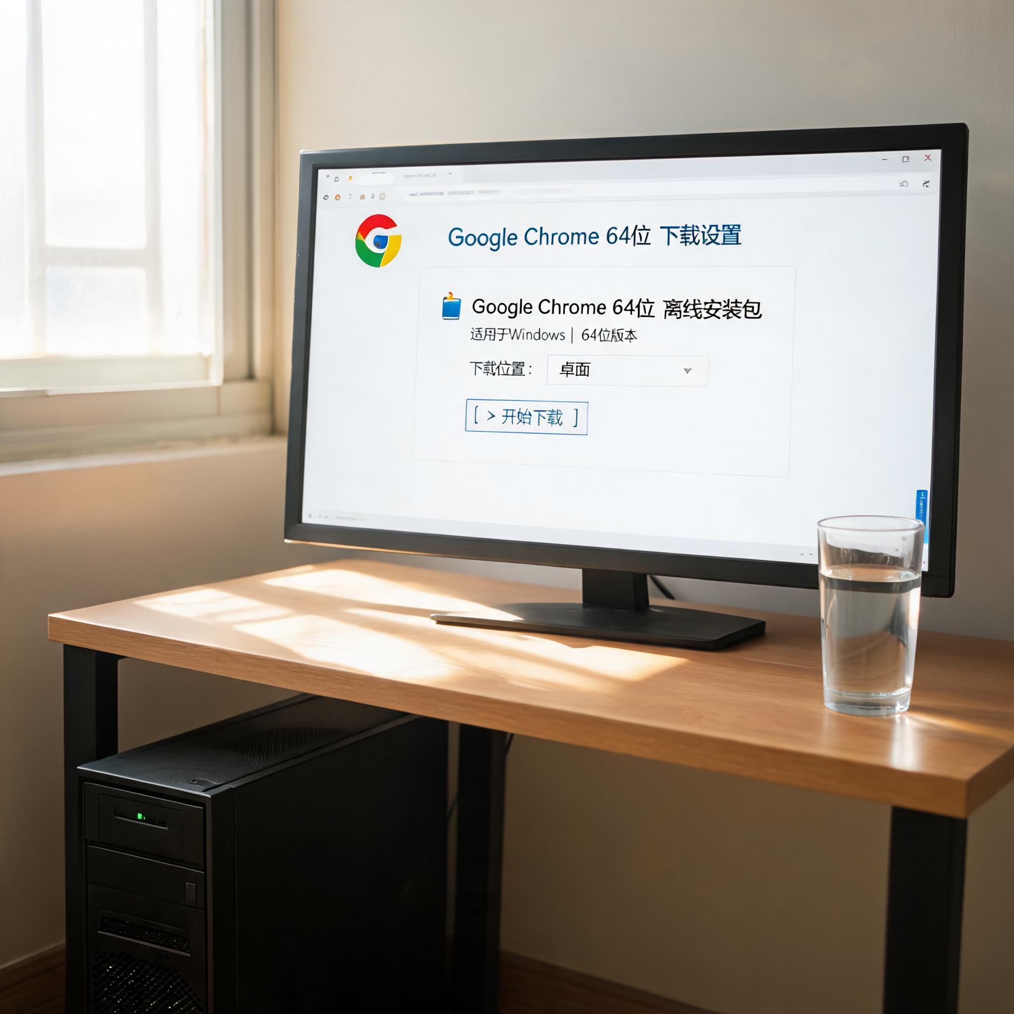 书桌上的主机，屏幕显示guge浏览器电脑版64位下载设置界面，桌角放着水杯，自然光