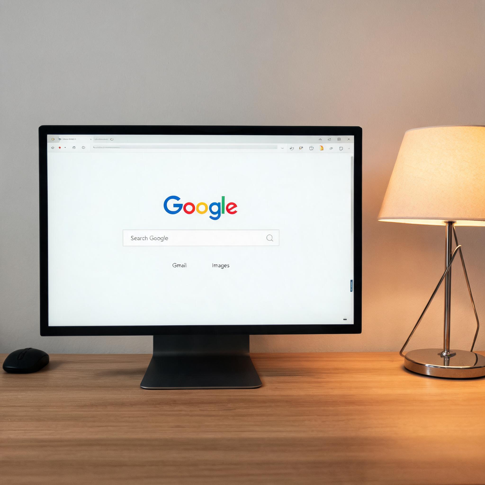 电脑桌上的电脑，屏幕显示google浏览器网页版在线使用界面，旁边放着台灯