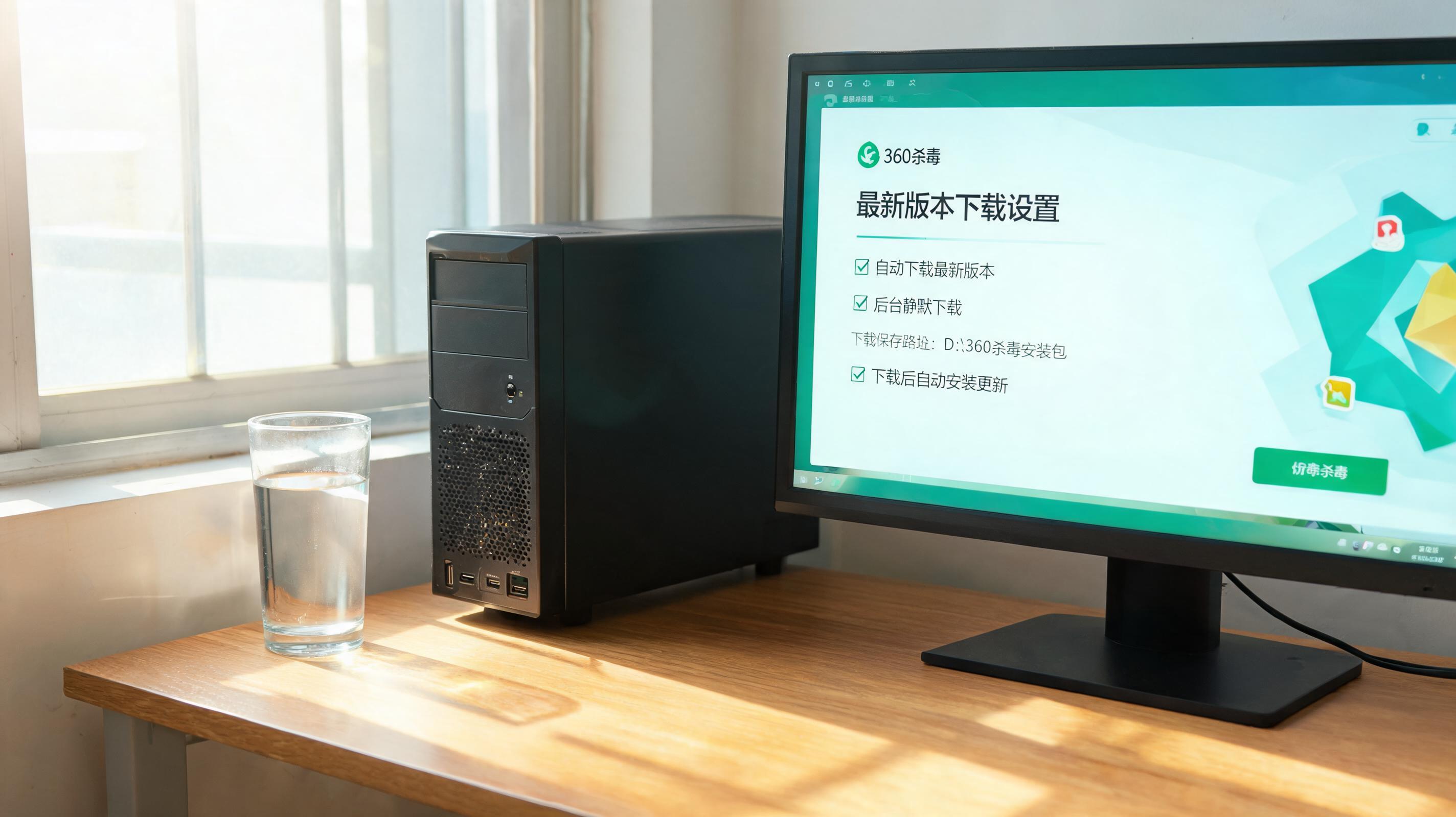书桌上的主机，屏幕显示360 杀毒最新版本下载设置界面，桌角放着水杯，自然光