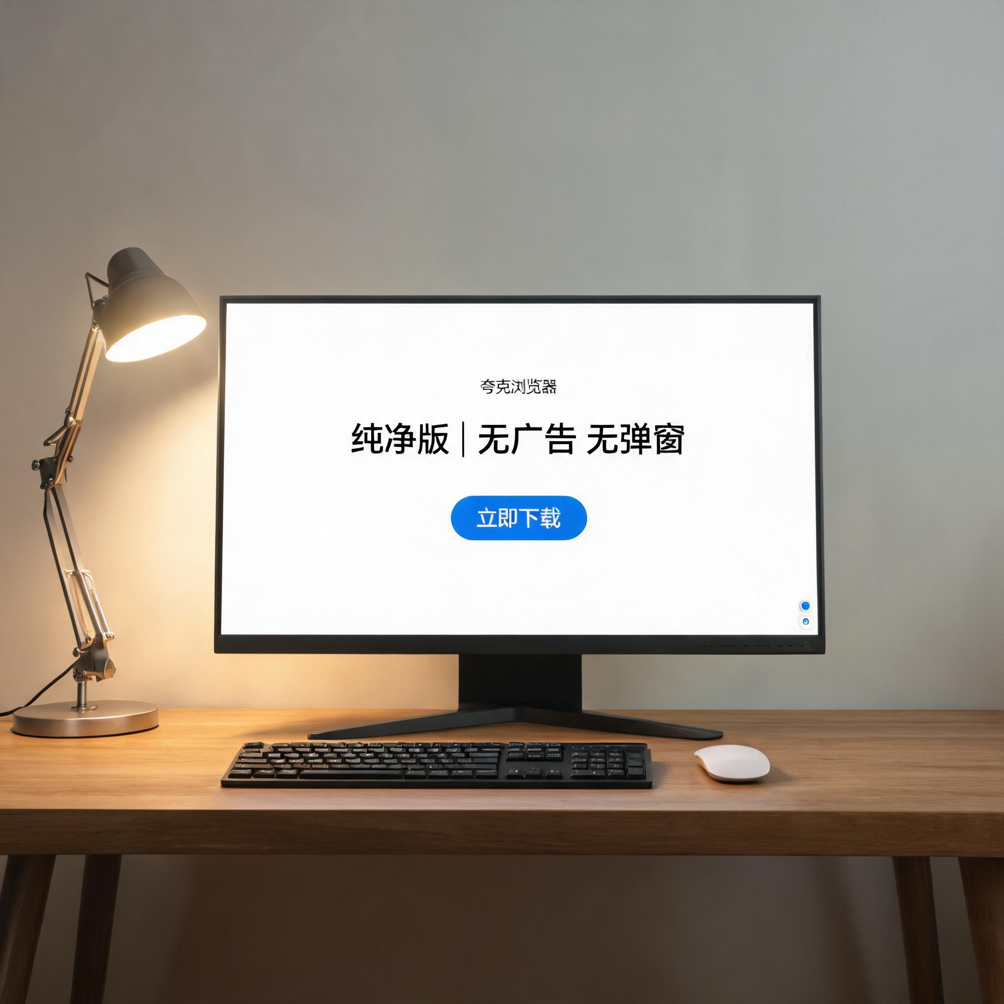 电脑桌上的电脑，屏幕显示夸克浏览器纯净版无广告下载界面，旁边放着台灯