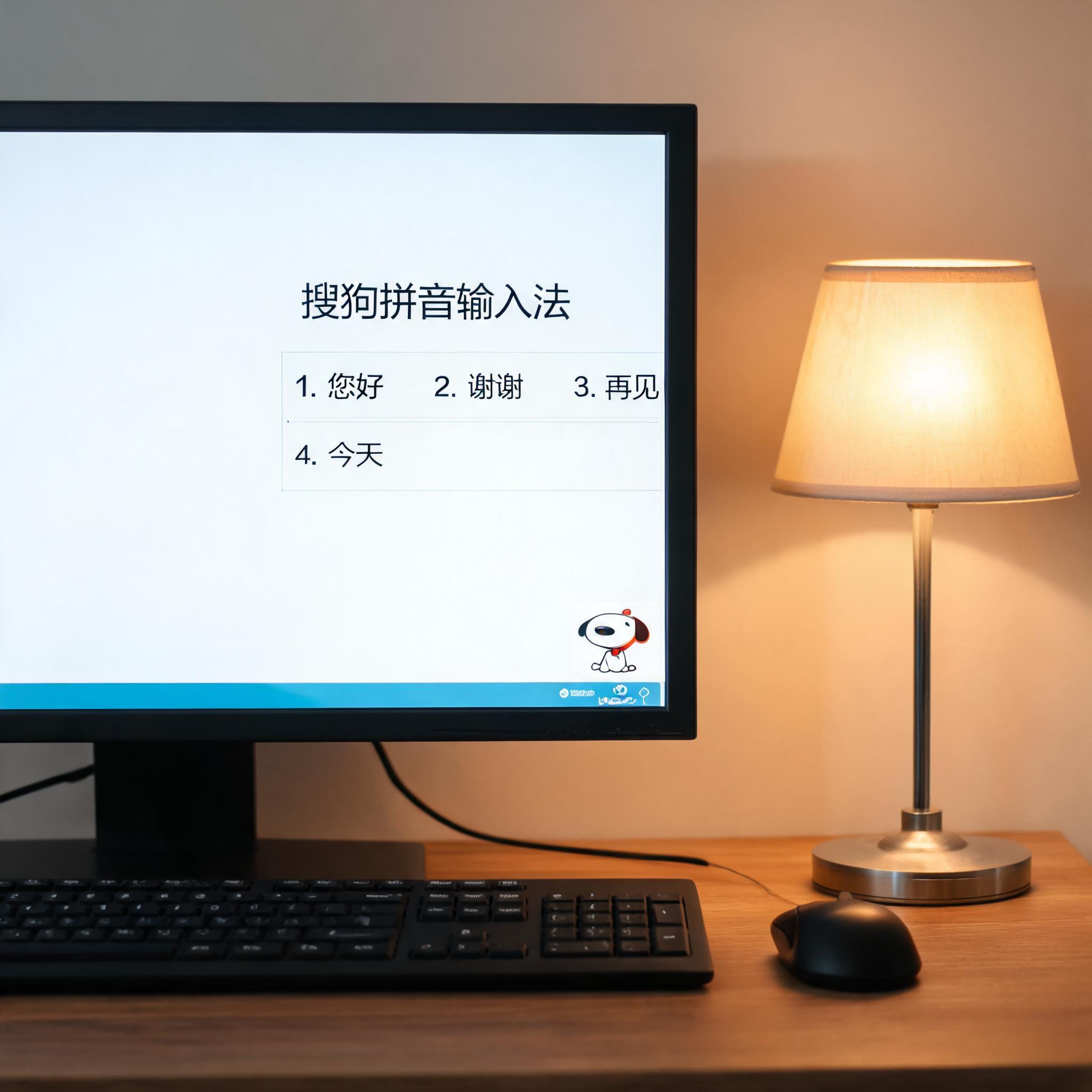 电脑桌上的电脑，屏幕显示搜狗拼音界面，旁边放着台灯