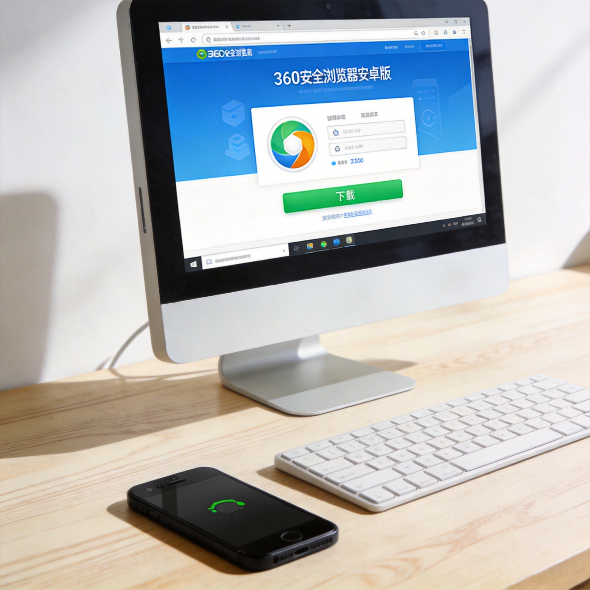 电脑桌的台式机，屏幕显示360安全浏览器安卓版的下载页面，旁边放着安卓手机，室内自然光