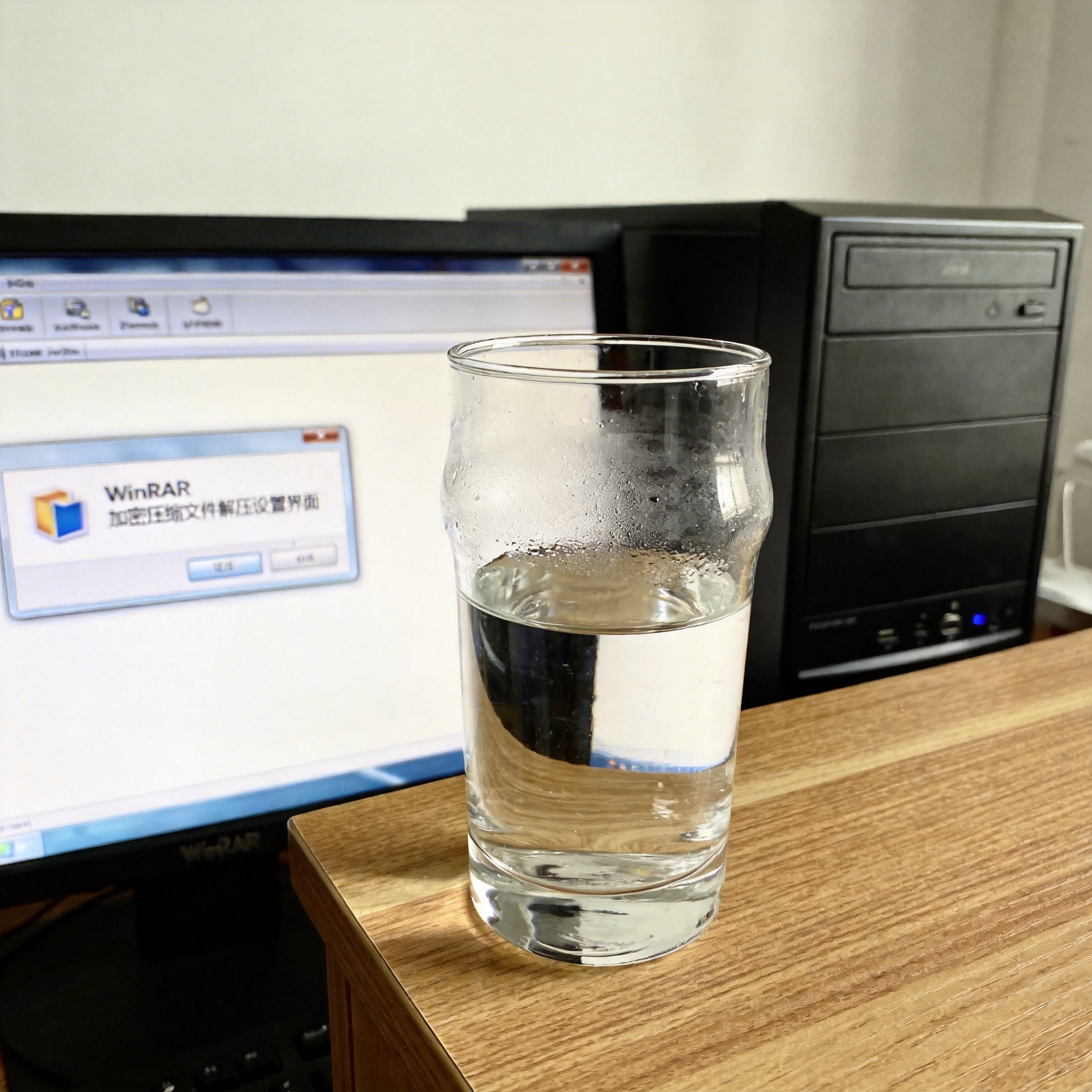书桌上的主机，屏幕显示winrar 加密压缩文件解压设置界面，桌角放着水杯，自然光
