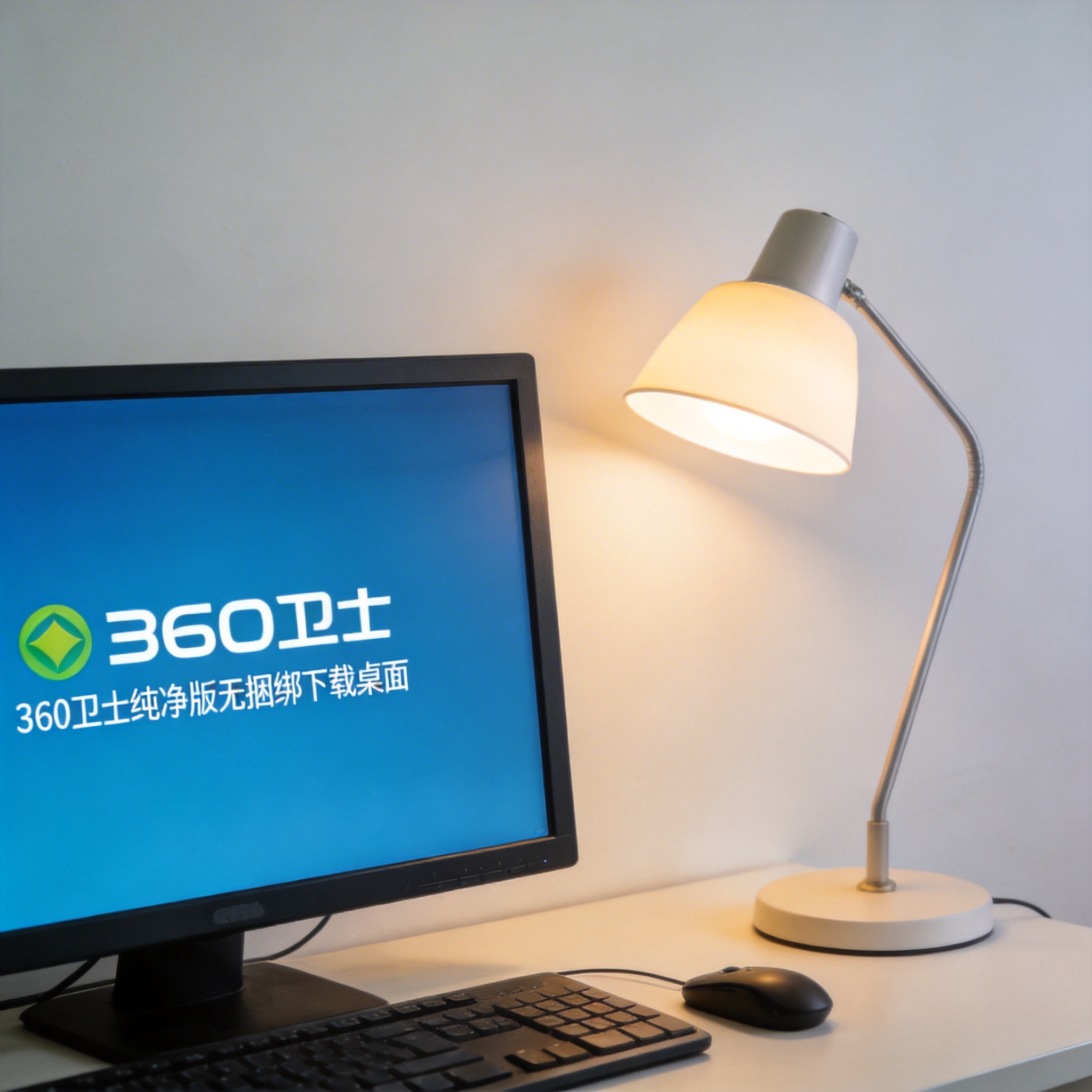 电脑桌上的电脑，屏幕显示360 卫士纯净版无捆绑下载桌面，旁边放着台灯