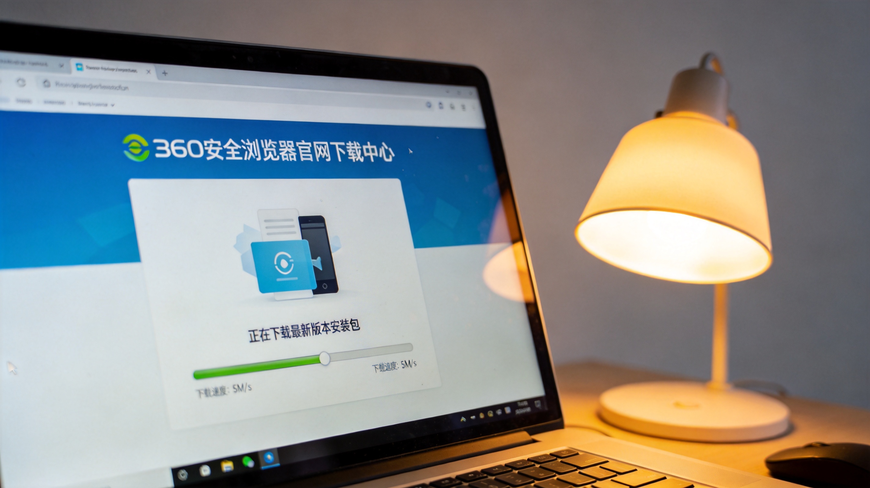 电脑屏幕显示360安全浏览器官网下载中心页面，正在下载最新版本安装包，下载速度显示5M/s，桌面有台灯暖光