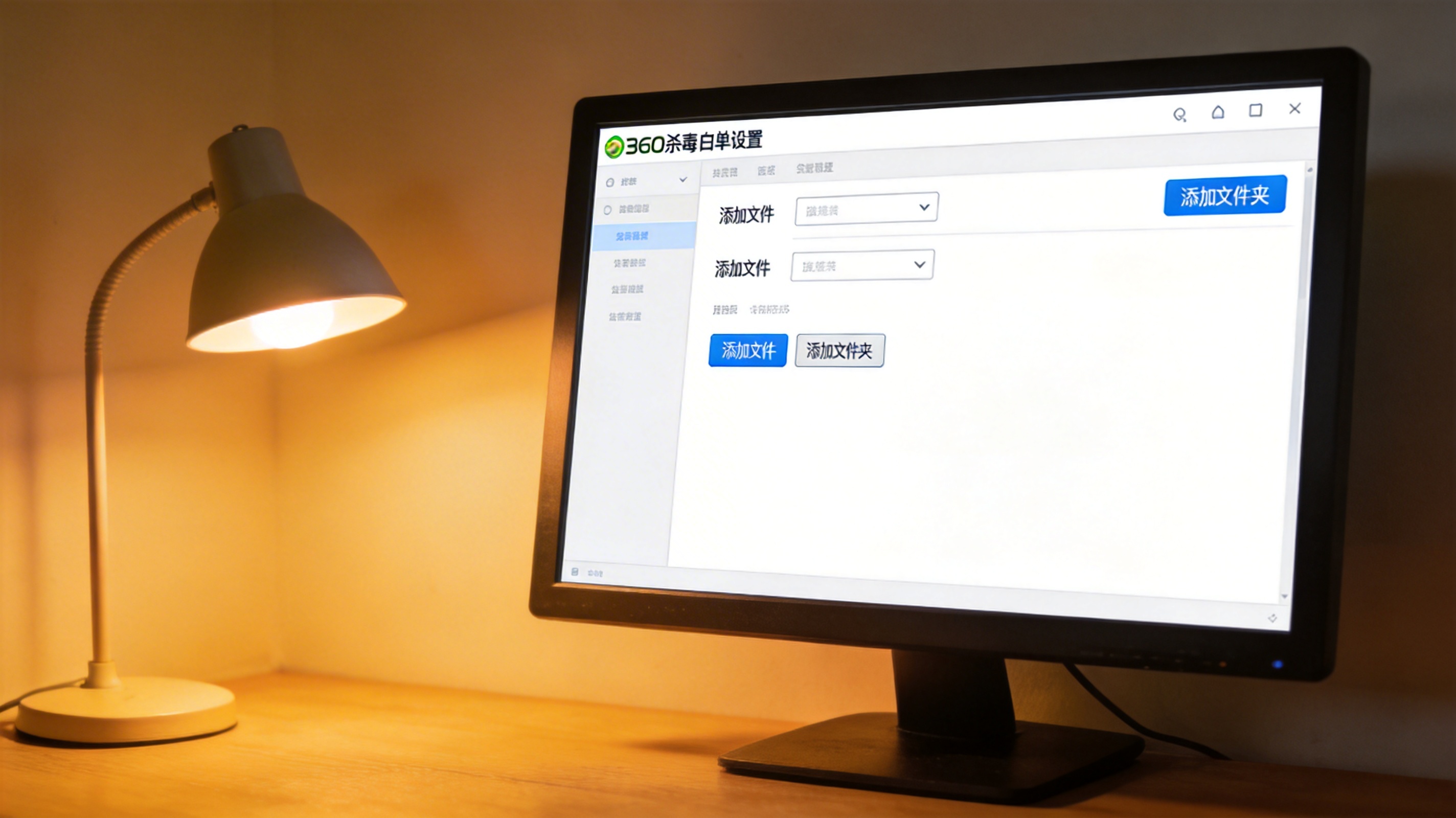 电脑屏幕显示360杀毒软件白名单设置界面，界面上有添加文件、文件夹的选项，桌面角落摆着台灯，台灯暖光