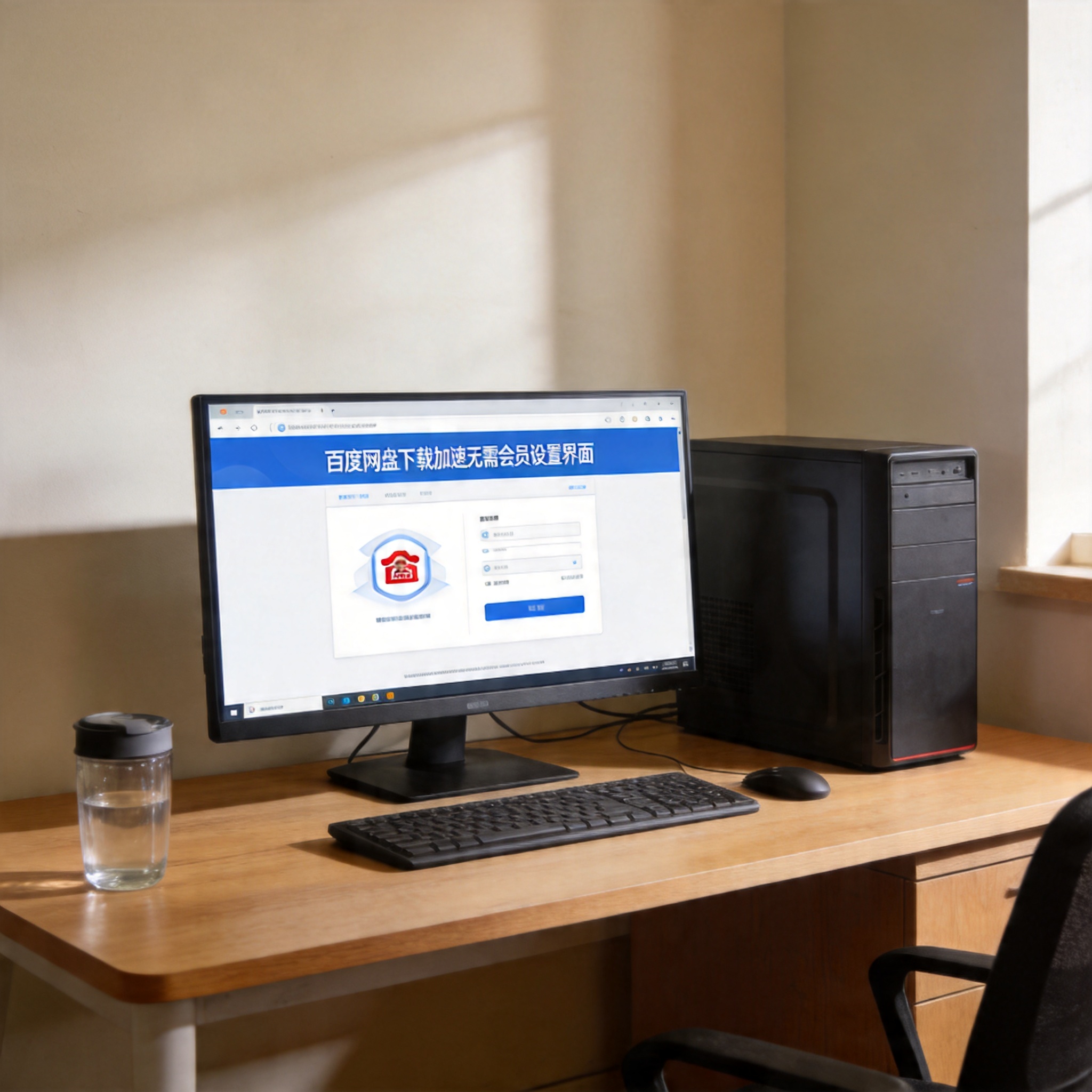 书桌上的主机，屏幕显示百度网盘下载加速无需会员设置界面，桌角放着水杯，自然光