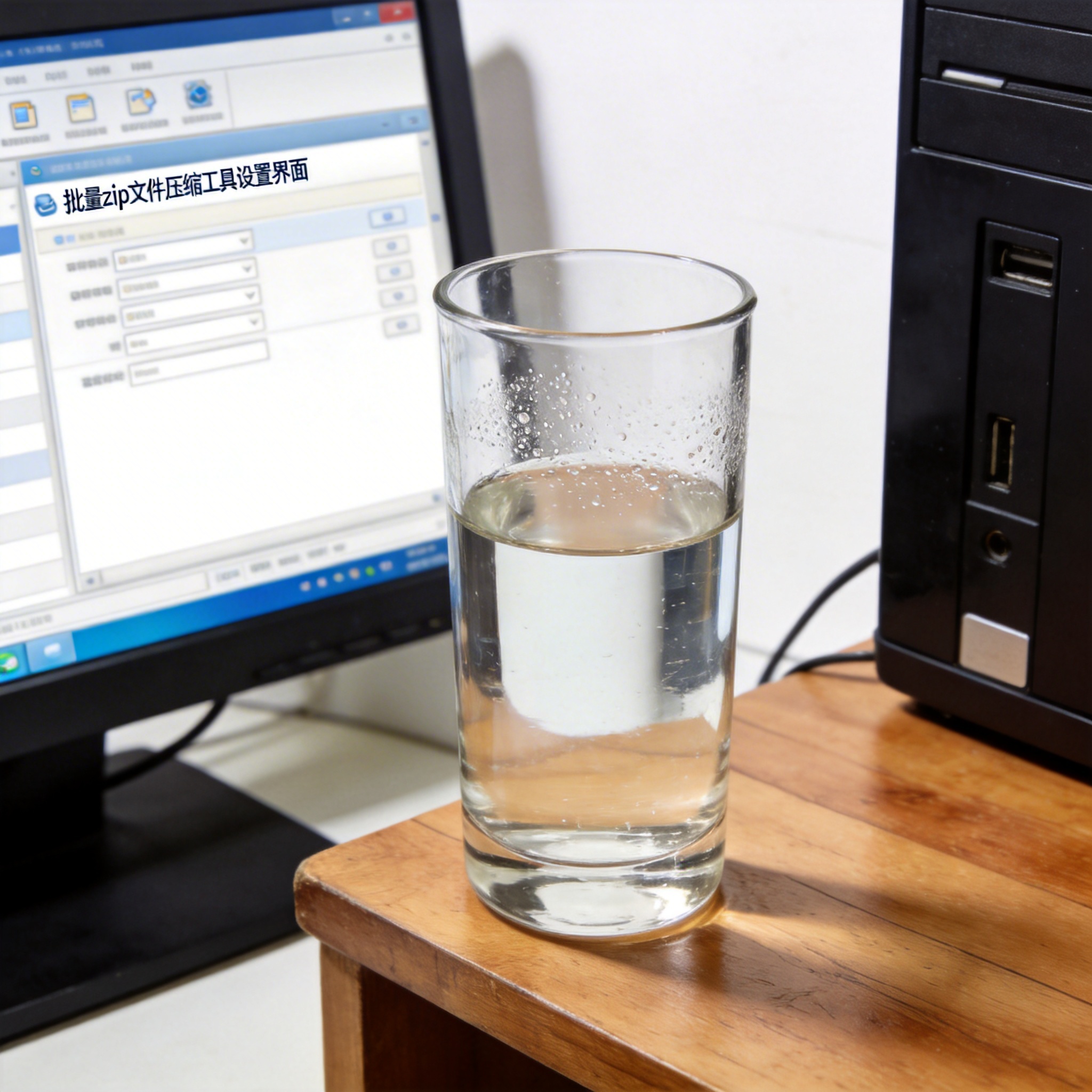 书桌上的主机，屏幕显示批量 zip 文件压缩工具设置界面，桌角放着水杯，自然光