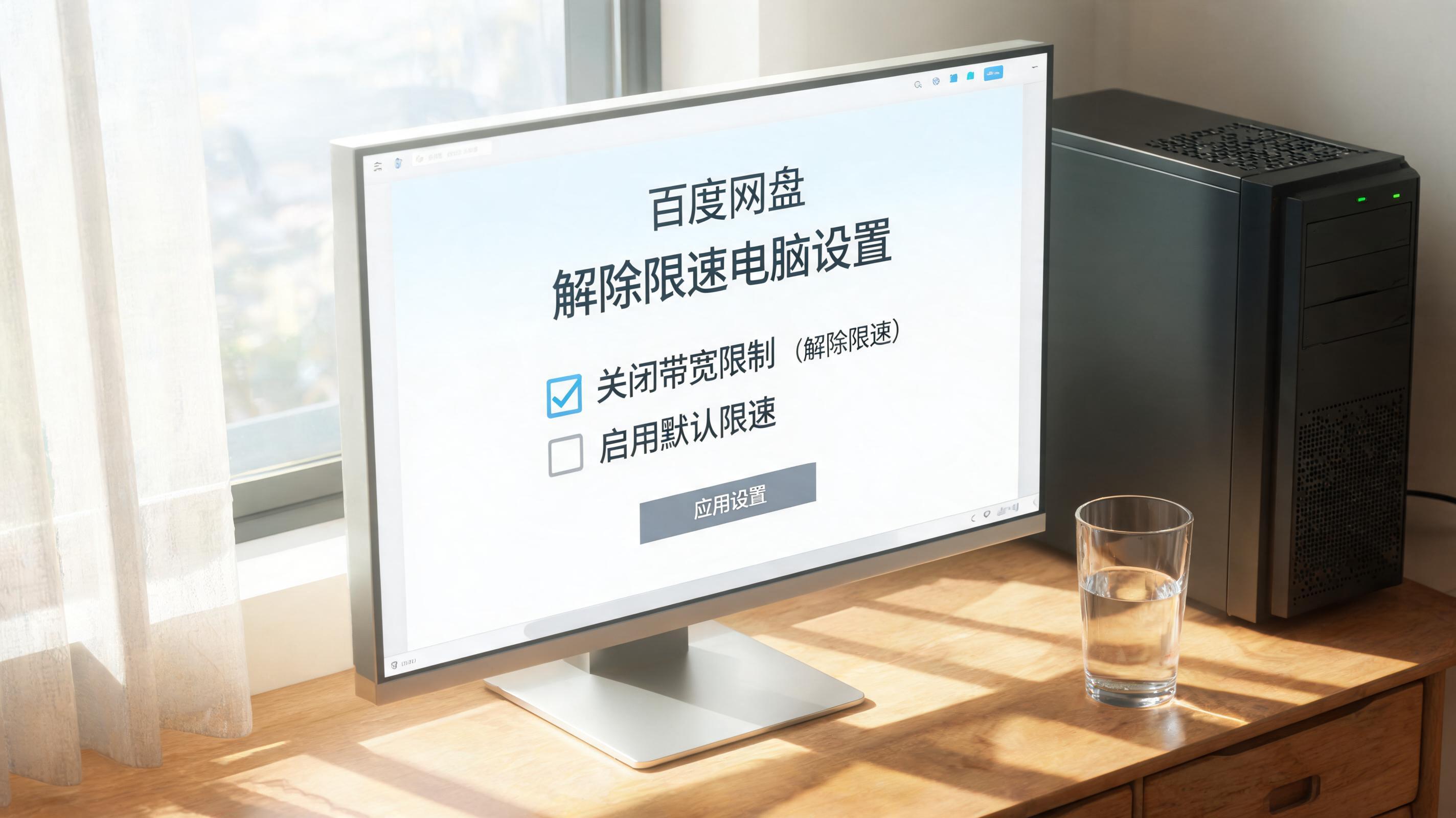 书桌上的主机，屏幕显示百度网盘解除限速电脑设置界面，桌角放着水杯，自然光