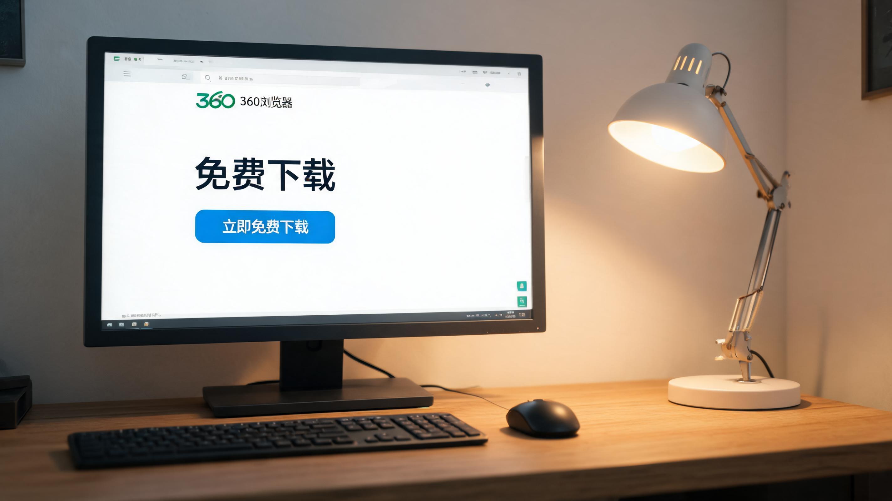 电脑桌上的电脑，屏幕显示360 浏览器免费下载界面，旁边放着台灯