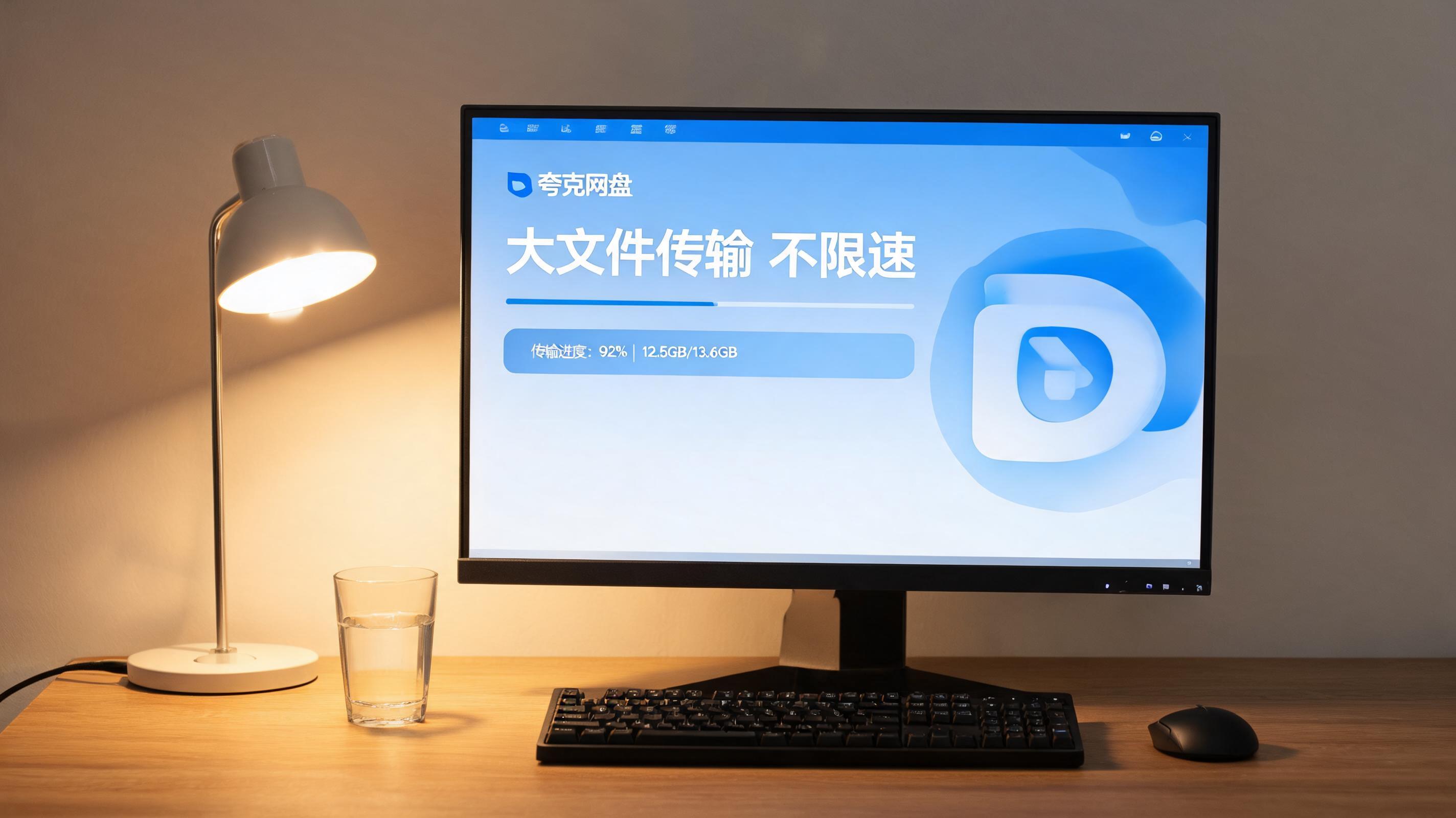 电脑桌上的电脑，屏幕显示夸克网盘大文件传输不限速界面，旁边放着台灯