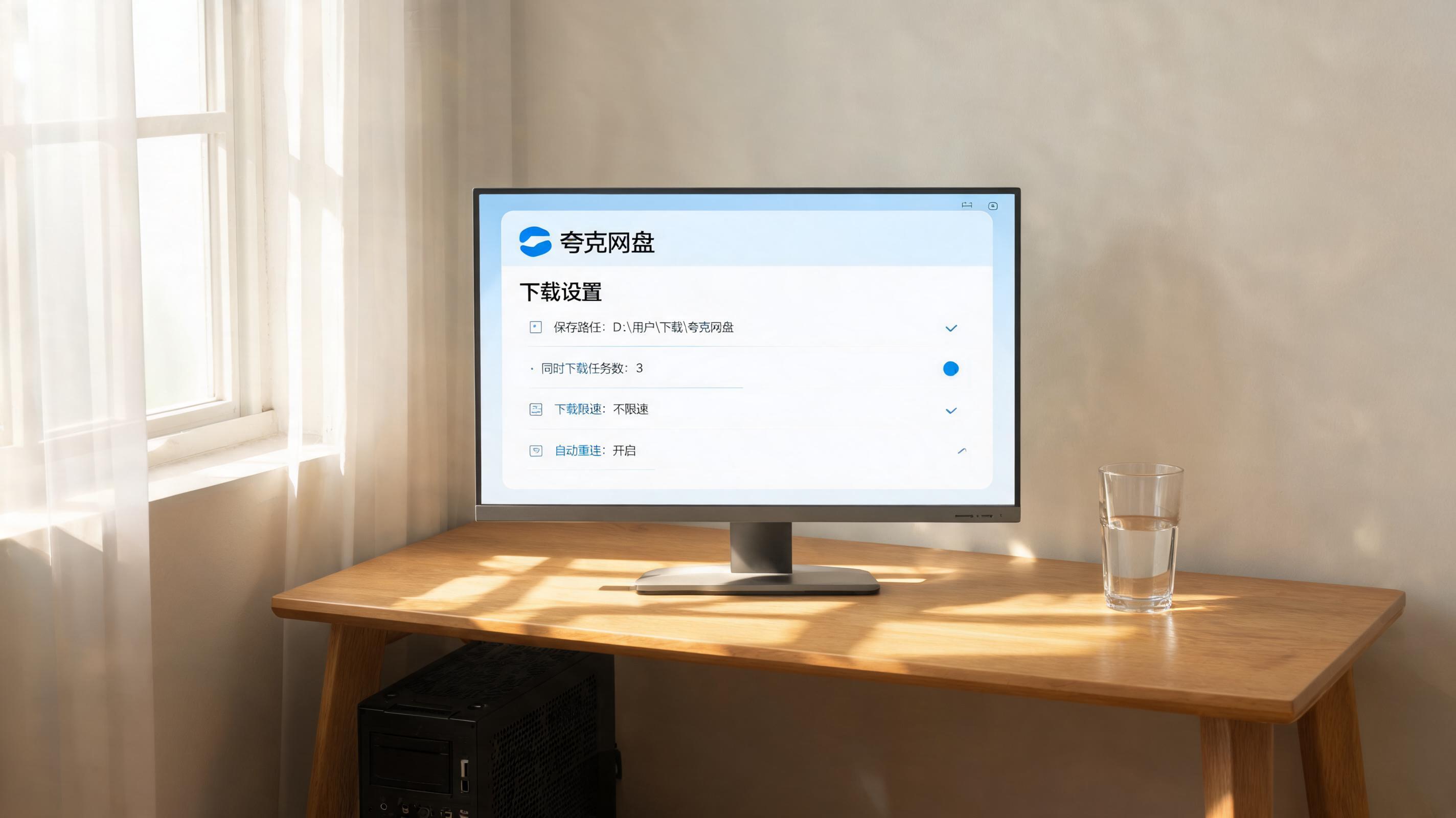 书桌上的主机，屏幕显示夸克网盘 PC 客户端下载设置界面，桌角放着水杯，自然光