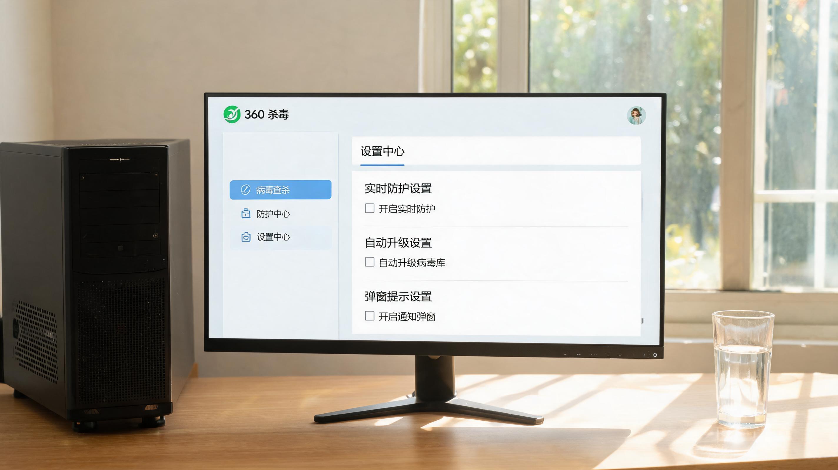 书桌上的主机，屏幕显示360 杀毒电脑客户端设置界面，桌角放着水杯，自然光